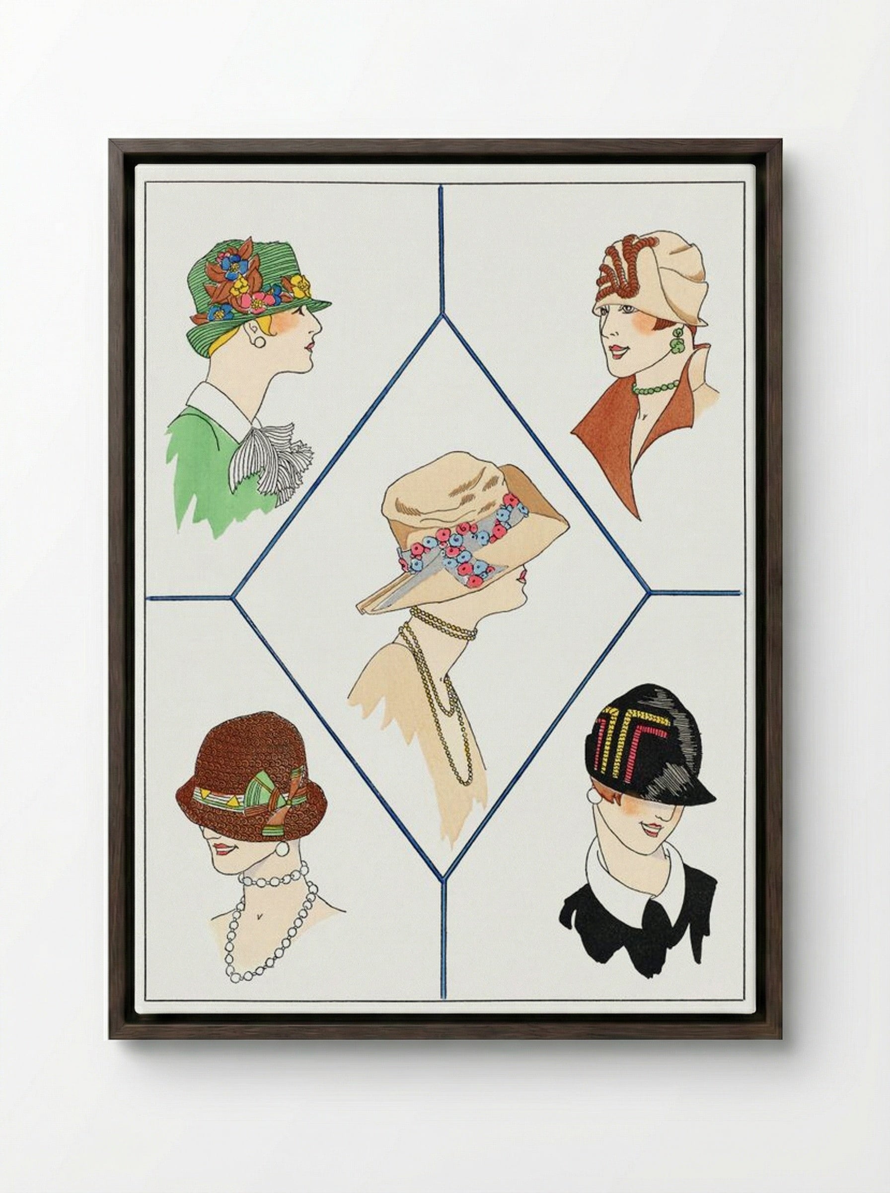 Five Different Women's Hats - Jeanne Duc - Framed Canvas Dark Wood