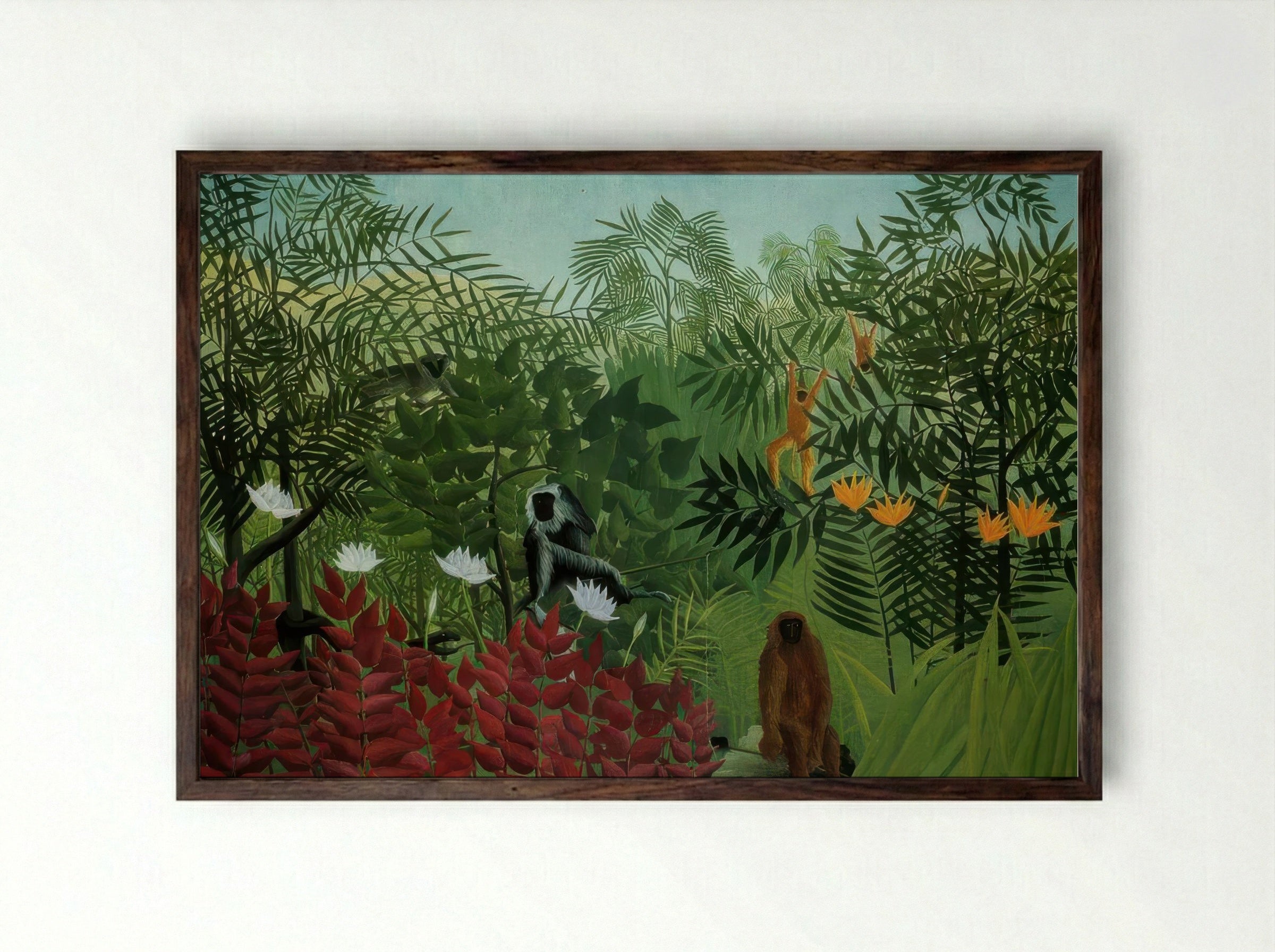 Tropical Forest with Apes and Snake by Henri Rousseau – Naïve Art Jungle Fantasy Print - Framed Print Dark Wood