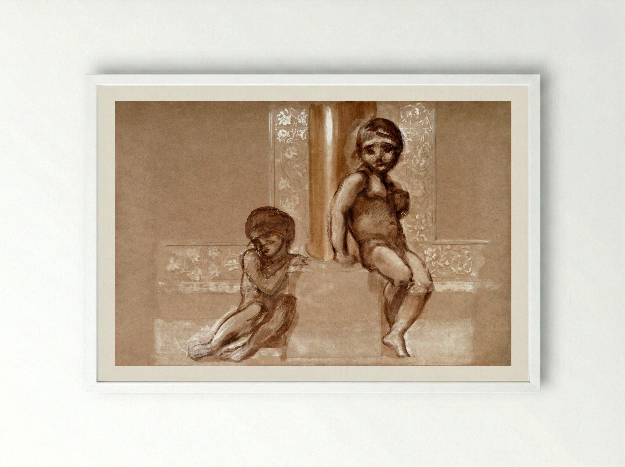 Study of Two Putti for 'The Troy Triptych' - Edward Burne-Jones - Framed Print White