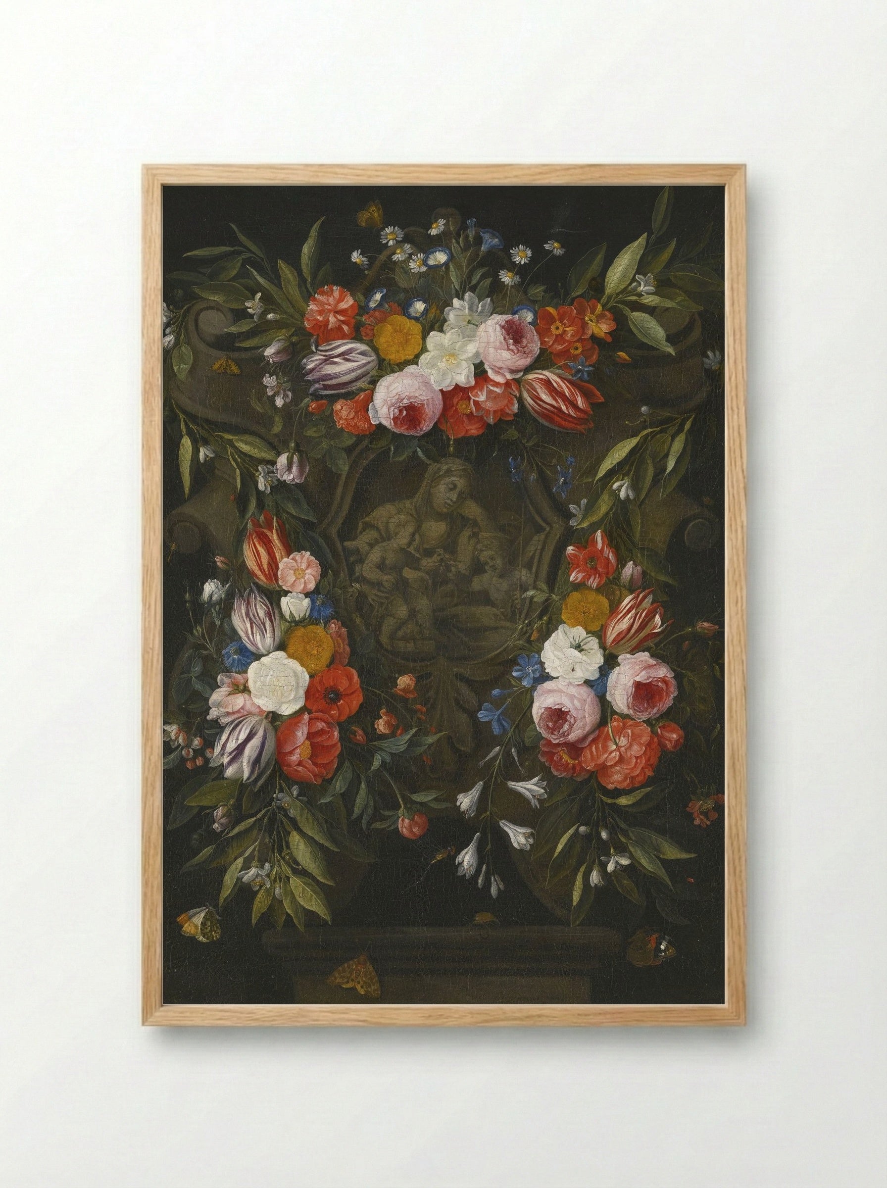 A Garland of Flowers Around a Stone Cartouche Depicting the Virgin and Child and Saint John - Jan van Kessel the Elder - Framed Print Wood