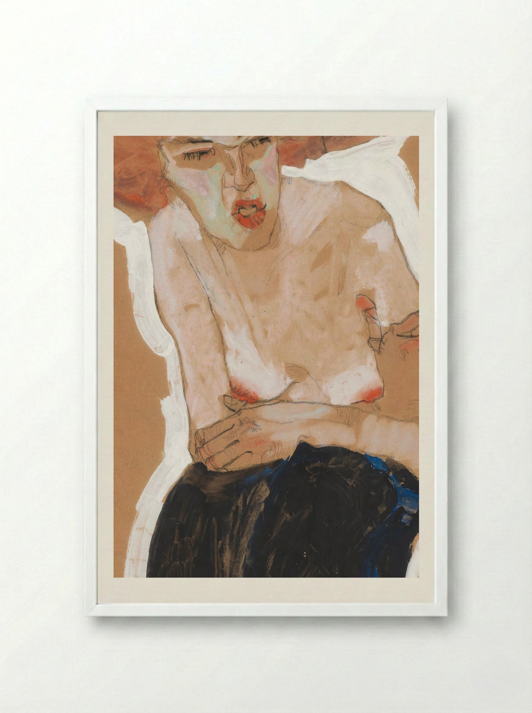 Die Häusliche (Seated Woman with Hat) - Egon Schiele - Framed Print White