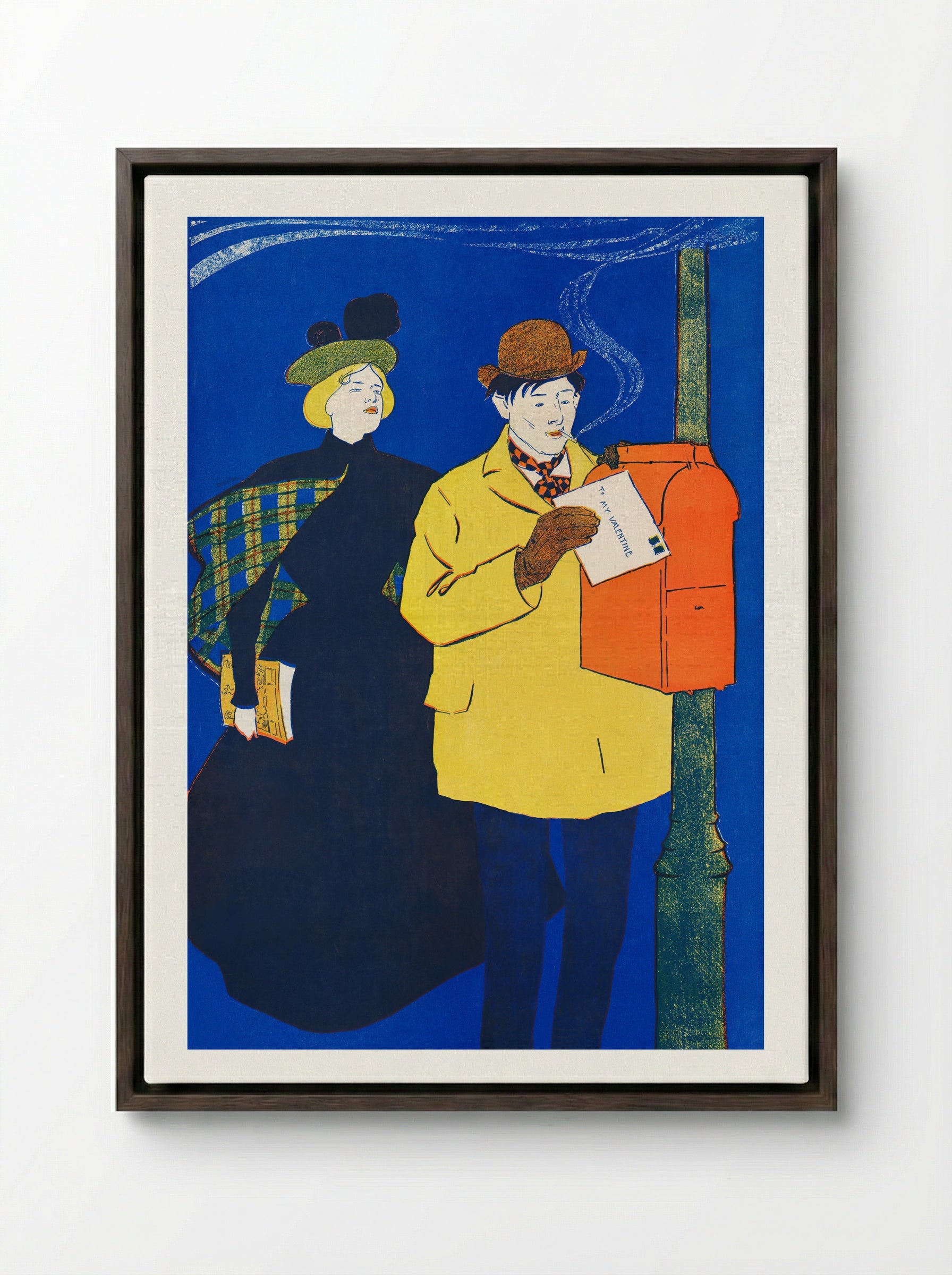 Man and Woman Sending Letter - Edward Penfield - Framed Canvas Dark Wood