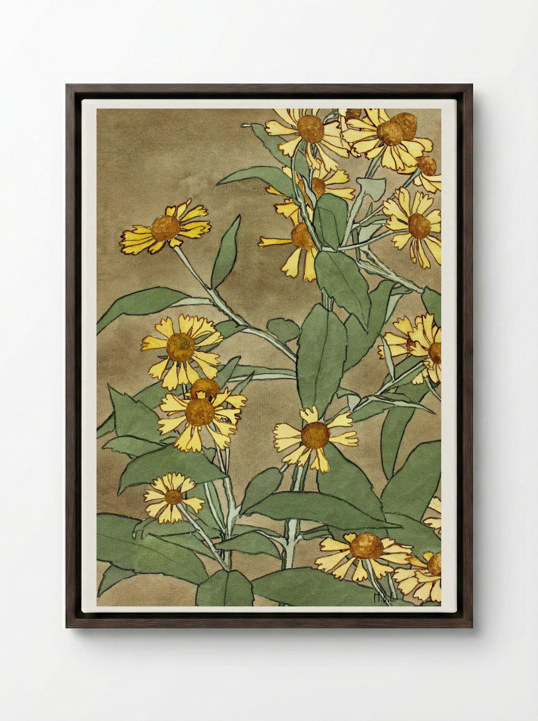 Daisies with Orange Center and Yellow Petals - Hannah Borger Overbeck - Framed Canvas Dark Wood