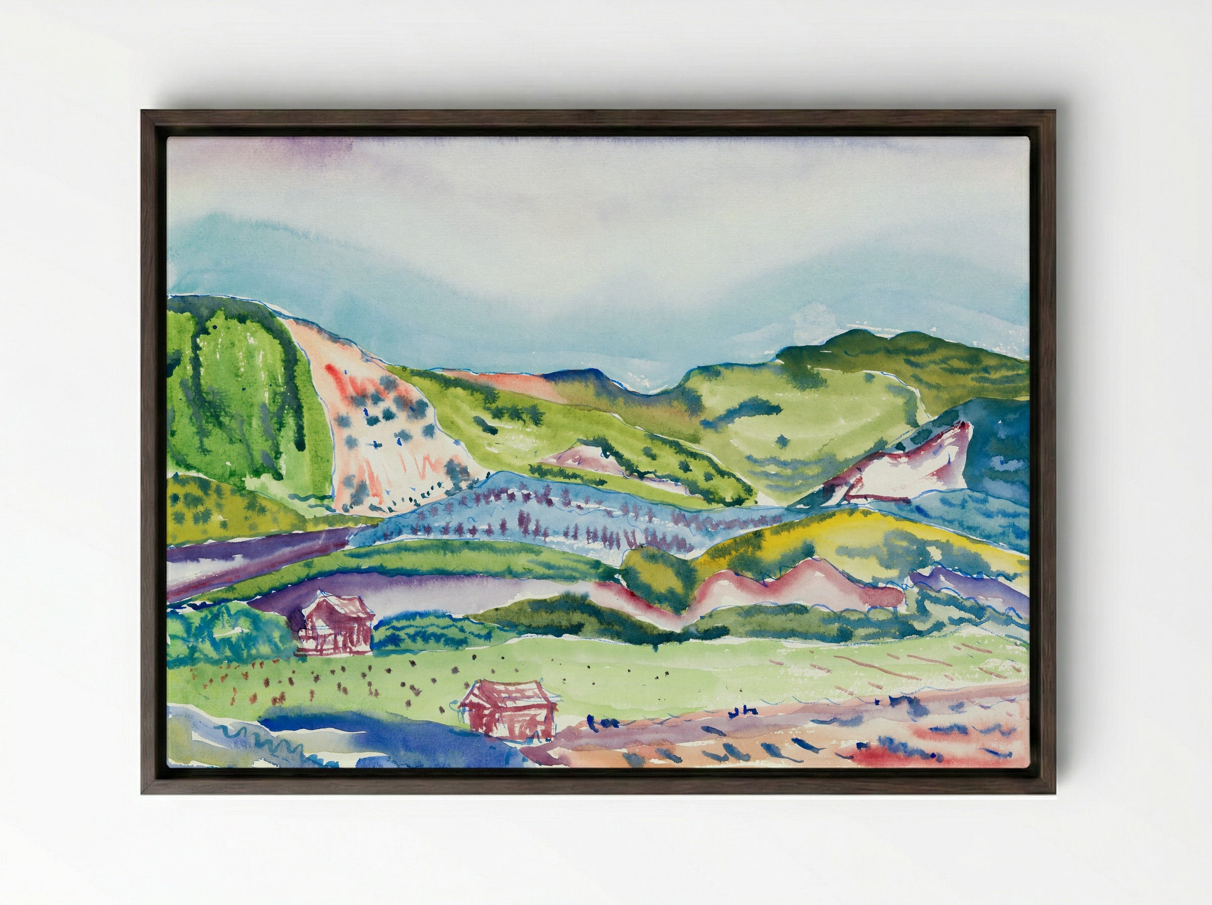 Mountain with Red House - Charles Demuth - Framed Canvas Dark Wood