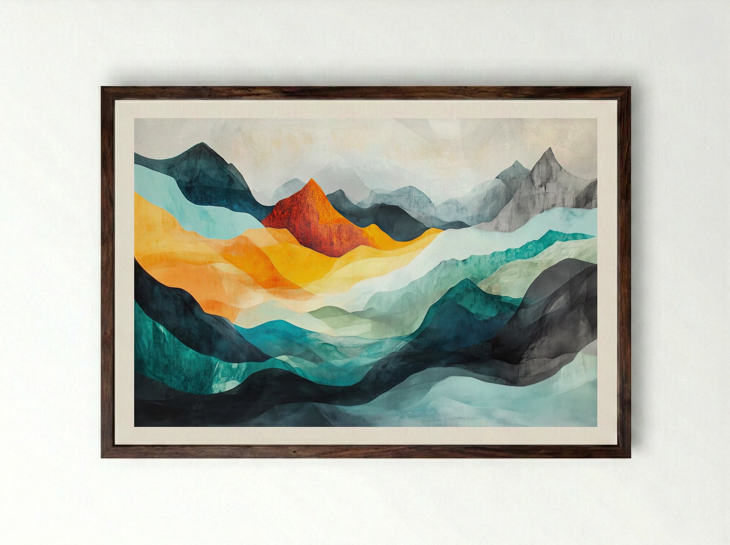 Sunfire Ridge – Abstract Mountain Landscape (Triptych 2 of 3) - Framed Print Dark Wood