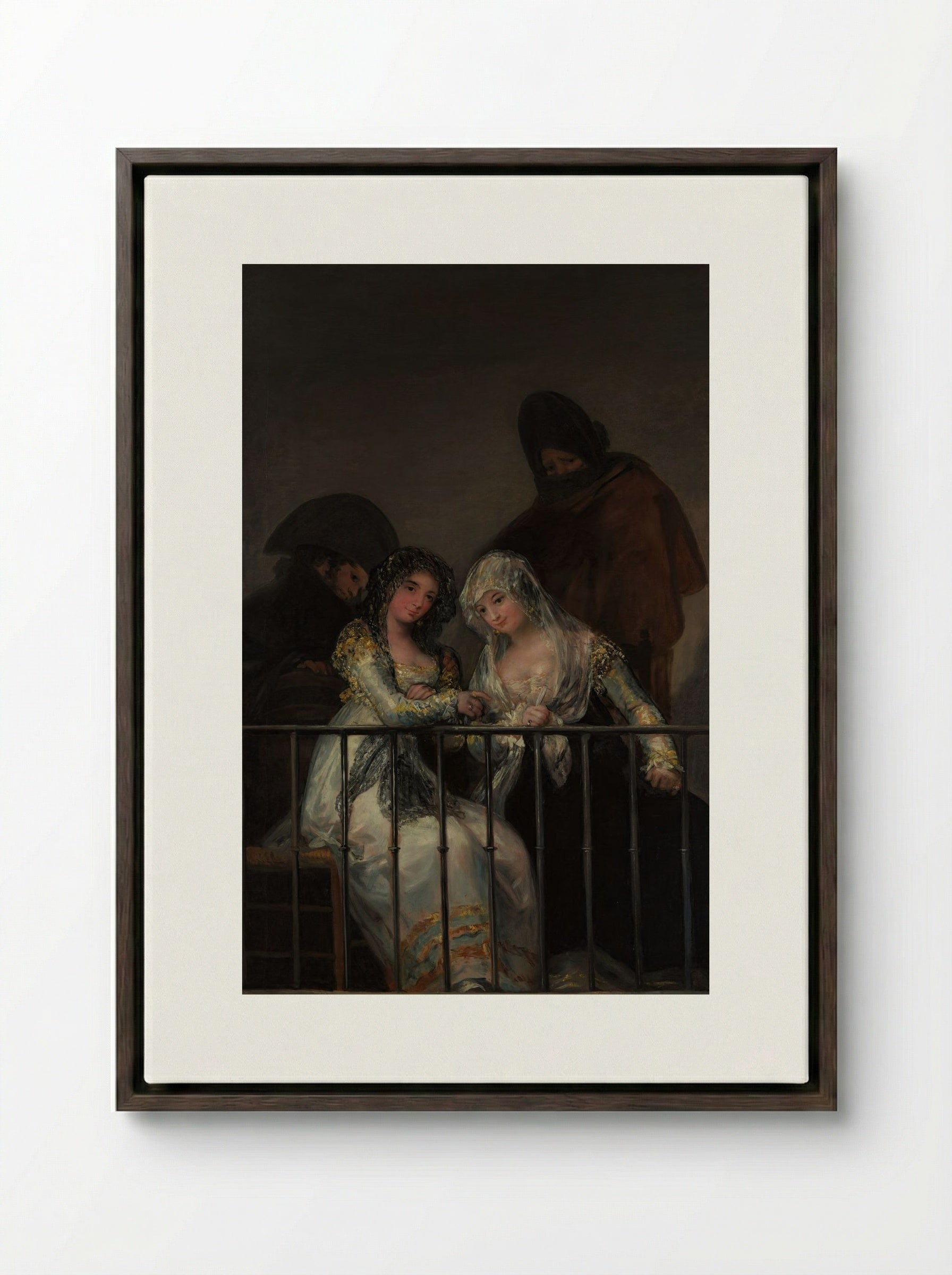 Majas on a Balcony - Francisco de Goya - Framed Canvas Dark Wood