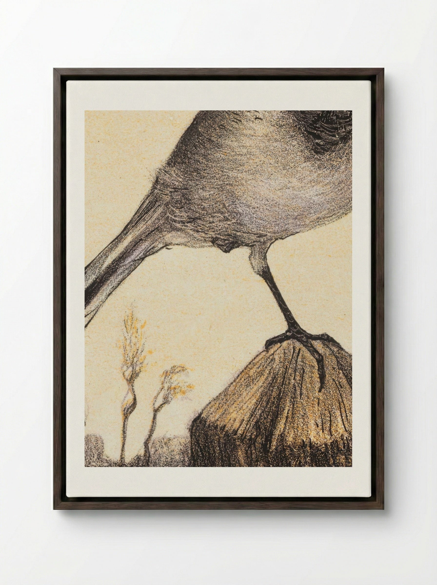 Kwikstaart op paal (Wagtail on a Post) - Theo van Hoytema - Framed Canvas Dark Wood