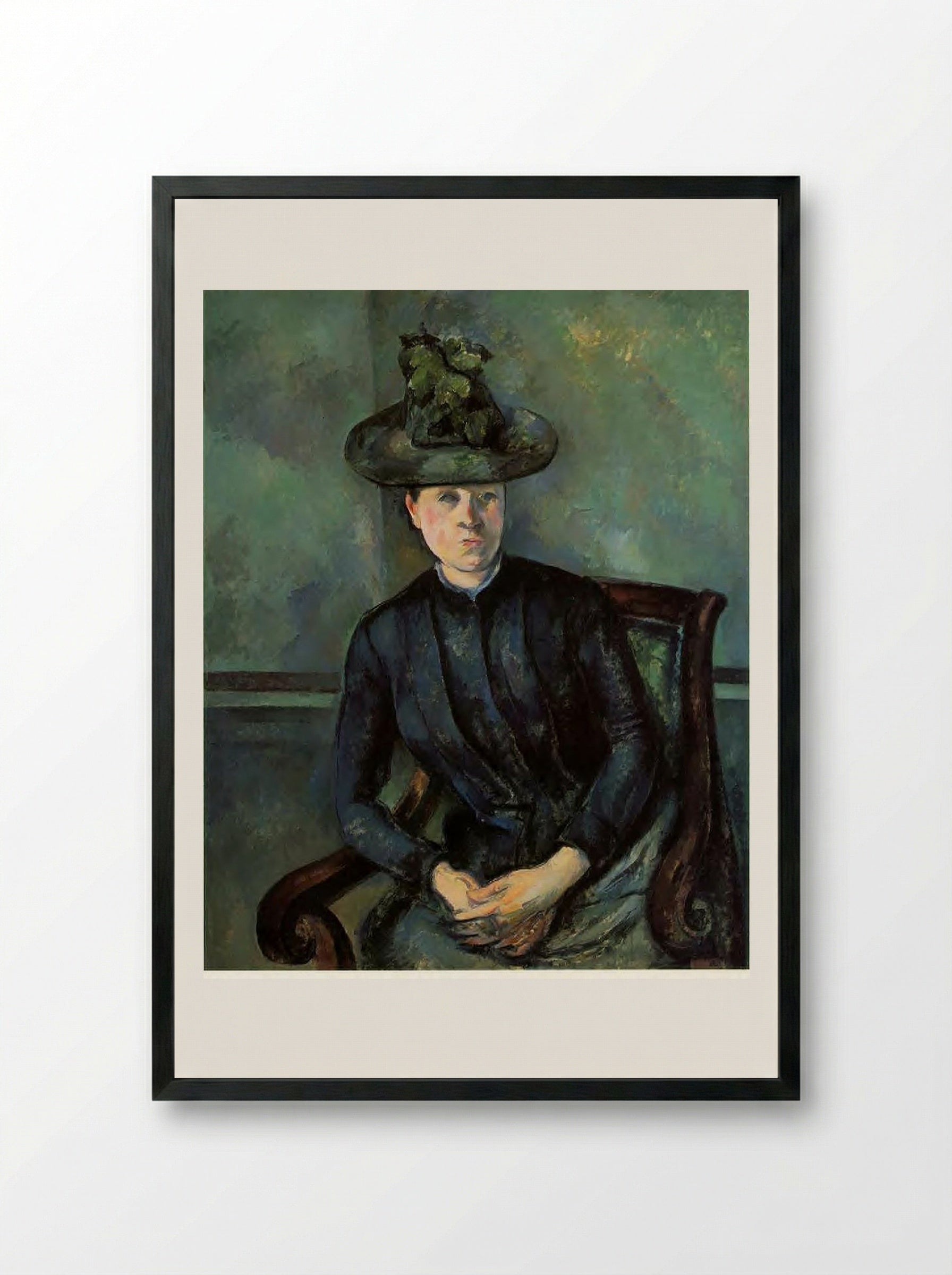 Woman in a Green Hat (Madame Cézanne) - Paul Cézanne - Framed Print Black