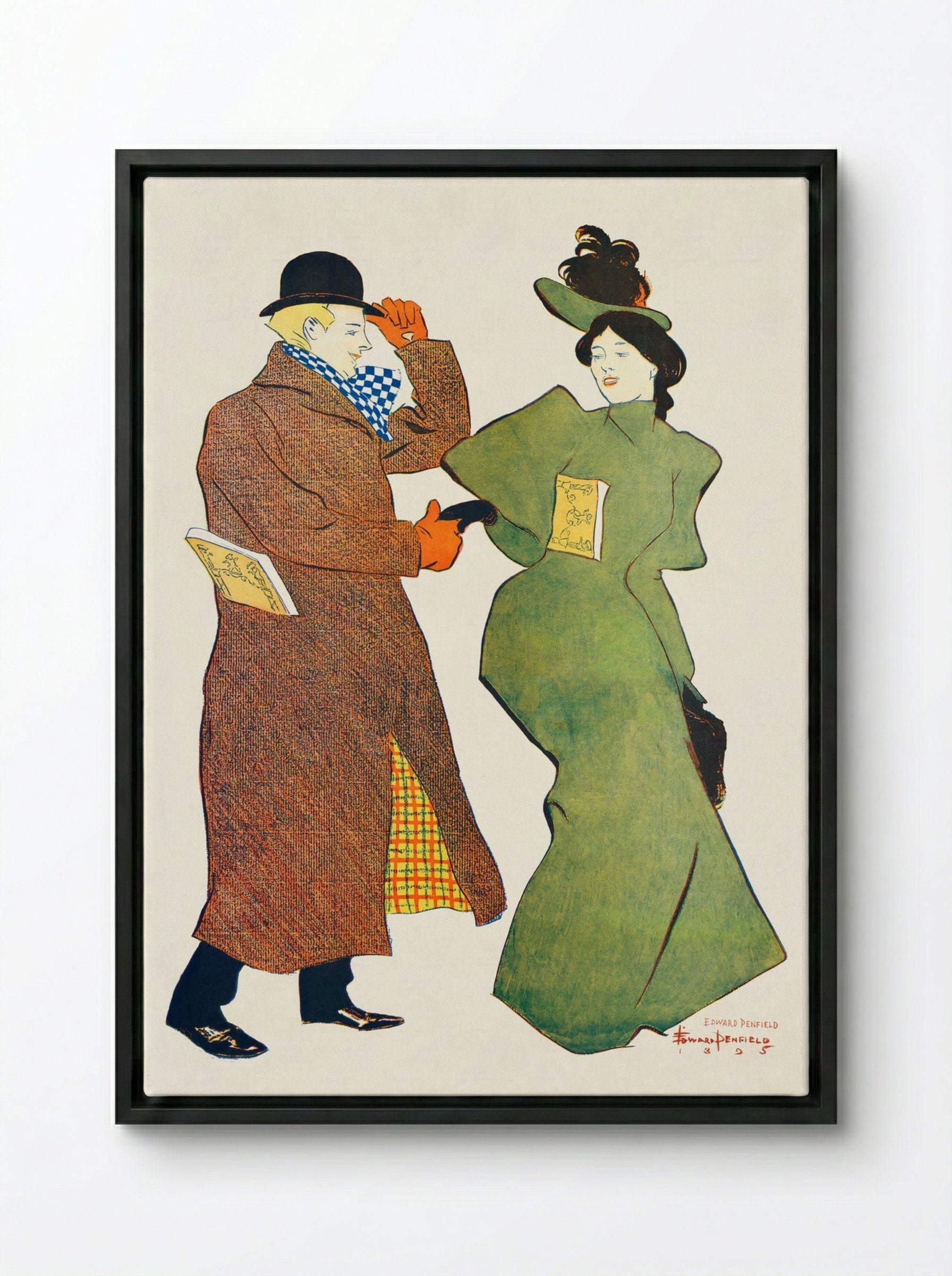 Man and Woman Shaking Hands - Edward Penfield - Framed Canvas Black