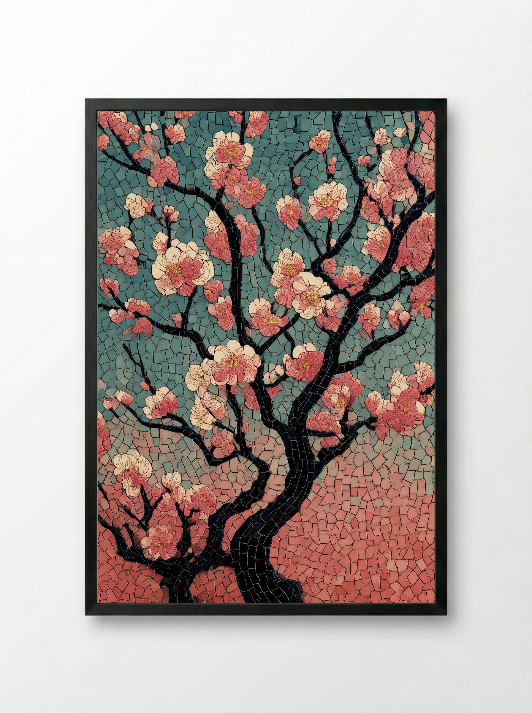 Plum Blossoms at Kameido Shrine - Japanese Mosaic Print - Framed Print Black