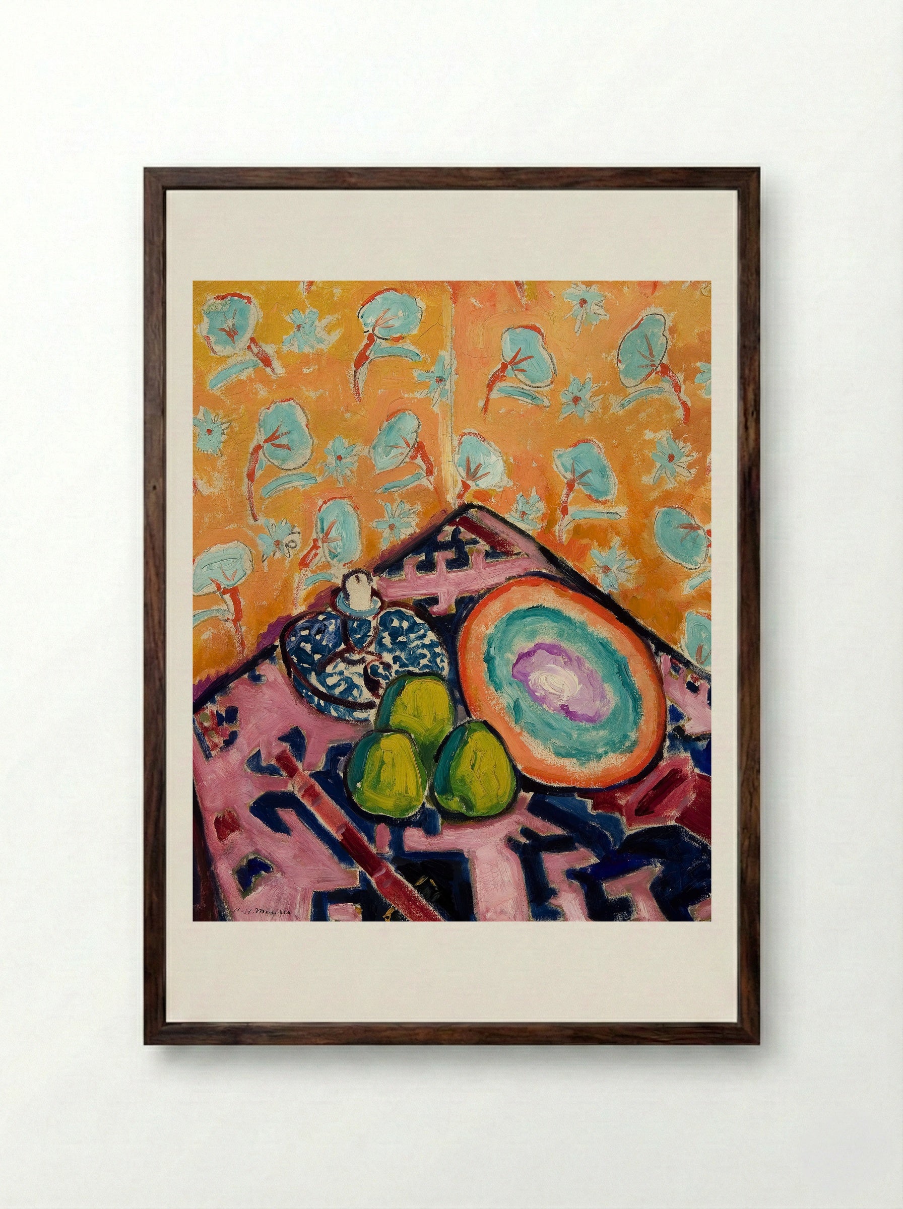 Still Life with Fruit and Patterned Background - Alfred Henry Maurer - Framed Print Dark Wood