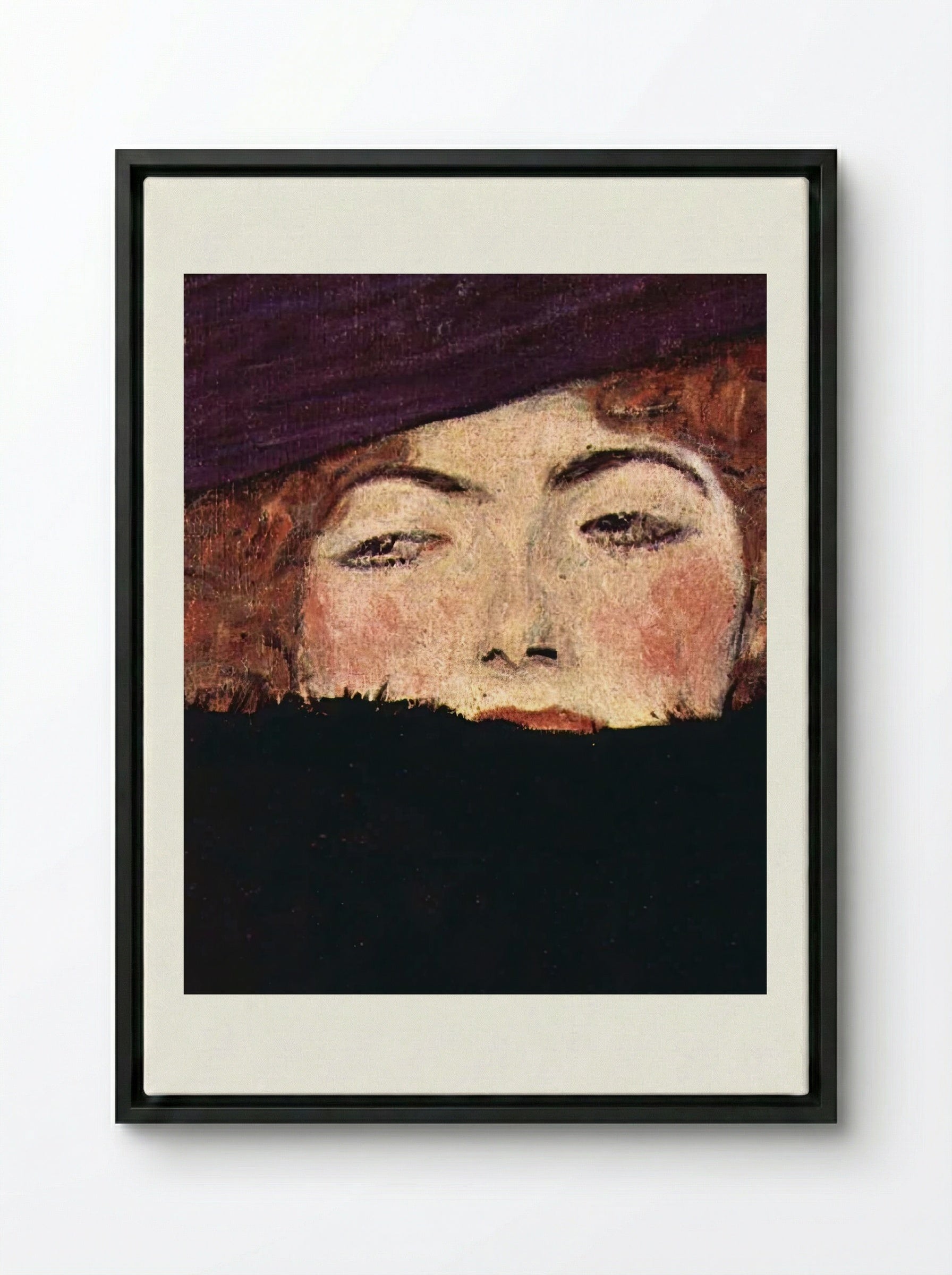 Dame mit Hut und Federboa - Gustav Klimt - Framed Canvas Black