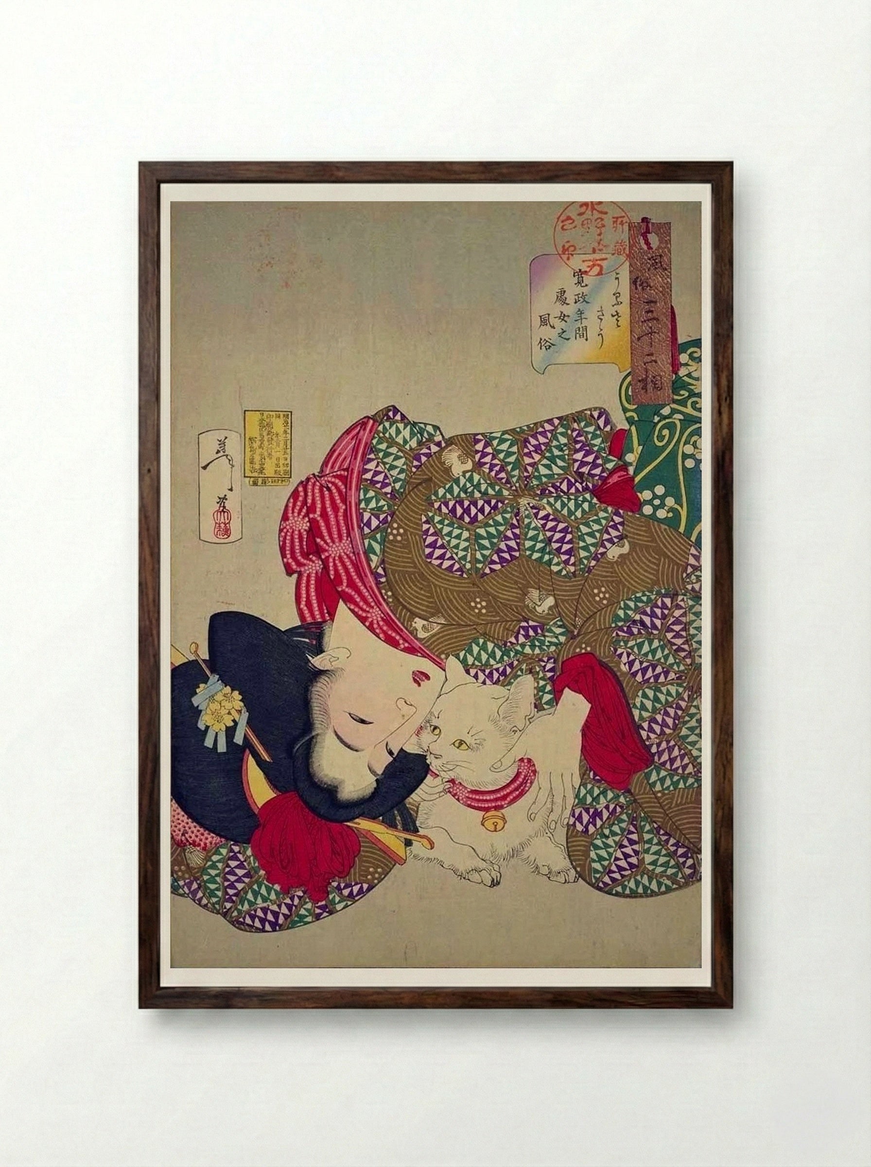 A Young Woman of the Kansei Era Playing with Her Cat - Tsukioka Yoshitoshi - Framed Print Dark Wood