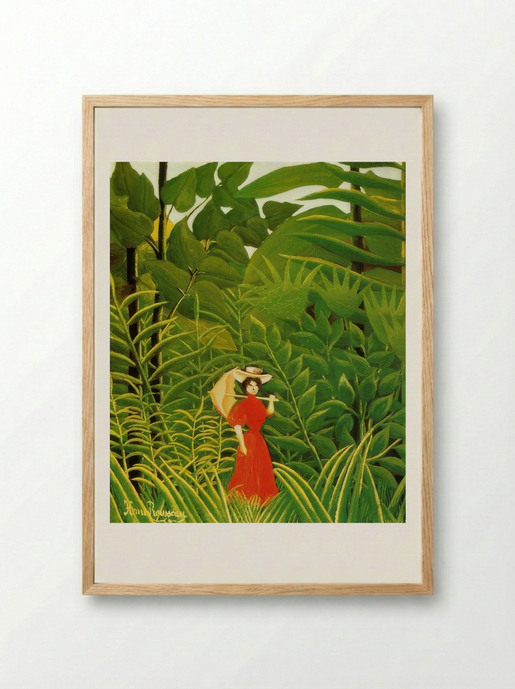 Woman in Red in the Forest by Henri Rousseau – Naïve Art Figurative Jungle Print - Framed Print Wood