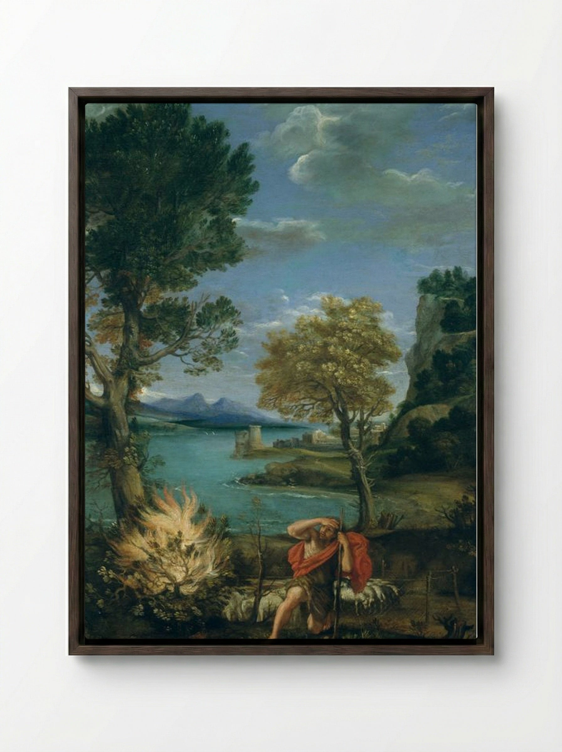 Landscape with Moses and the Burning Bush - Domenico Campagnola - Framed Canvas Dark Wood