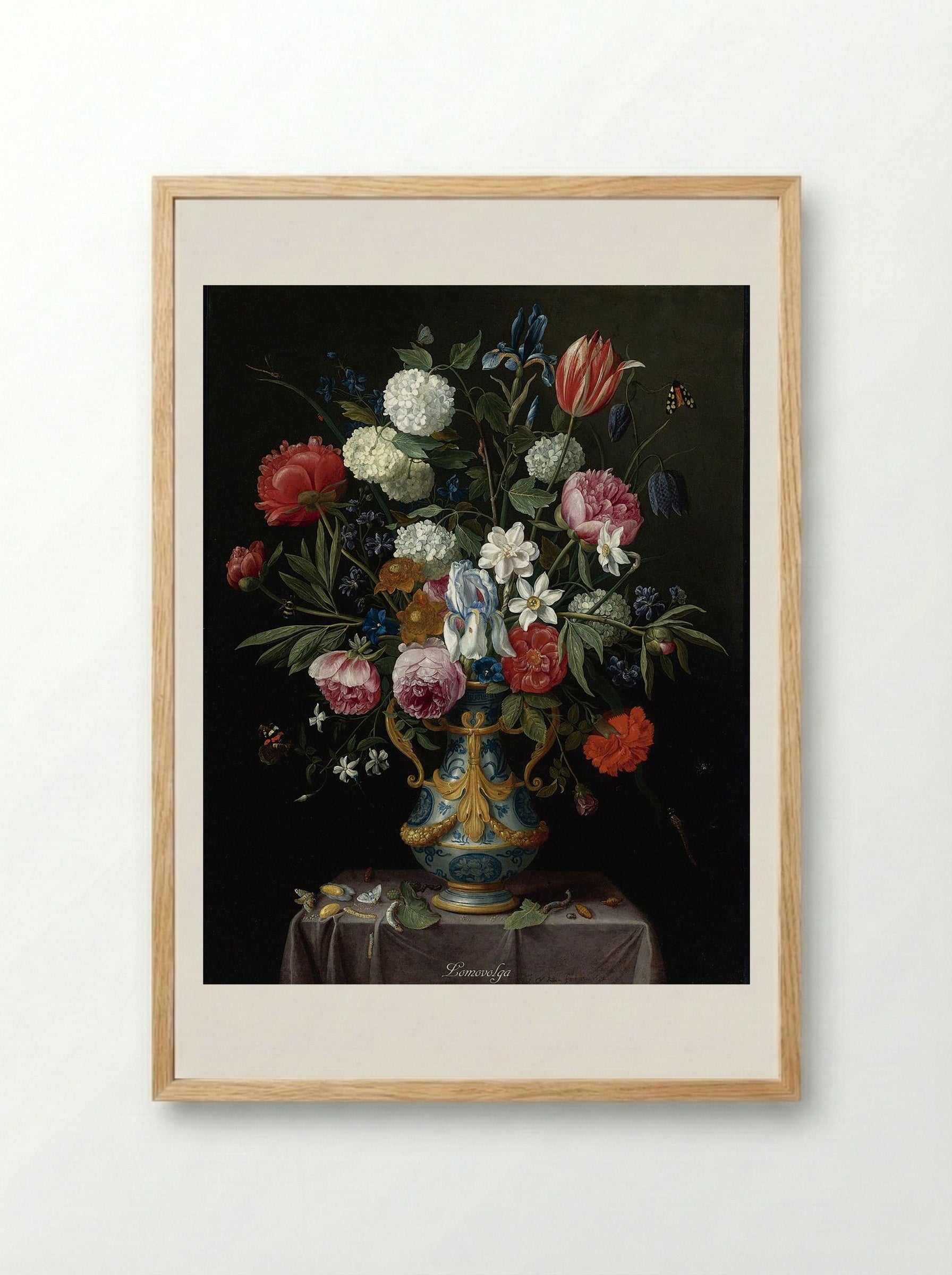 Still Life of Irises, Peonies, Narcissi, a Tulip and Other Flowers in a Blue-and-White Porcelain Vase with Ormolu Mounts on a Draped Pedestal - Jan van Kessel the Elder - Framed Print Wood