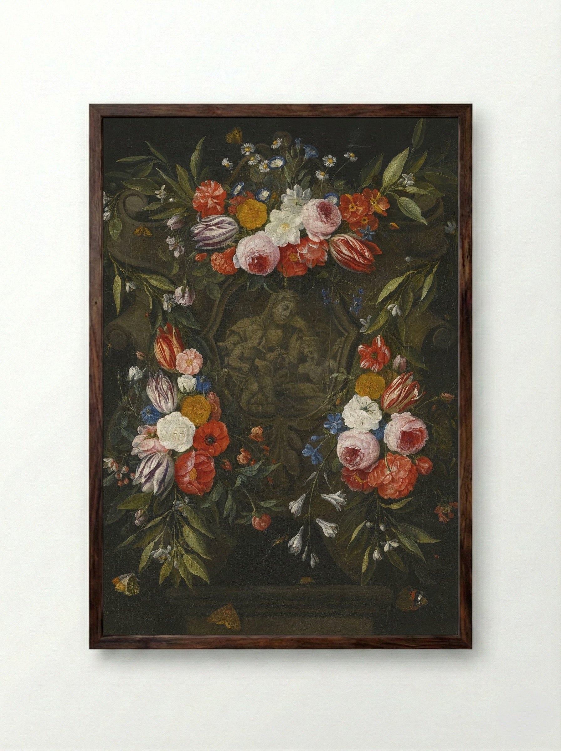 A Garland of Flowers Around a Stone Cartouche Depicting the Virgin and Child and Saint John - Jan van Kessel the Elder - Framed Print Dark Wood