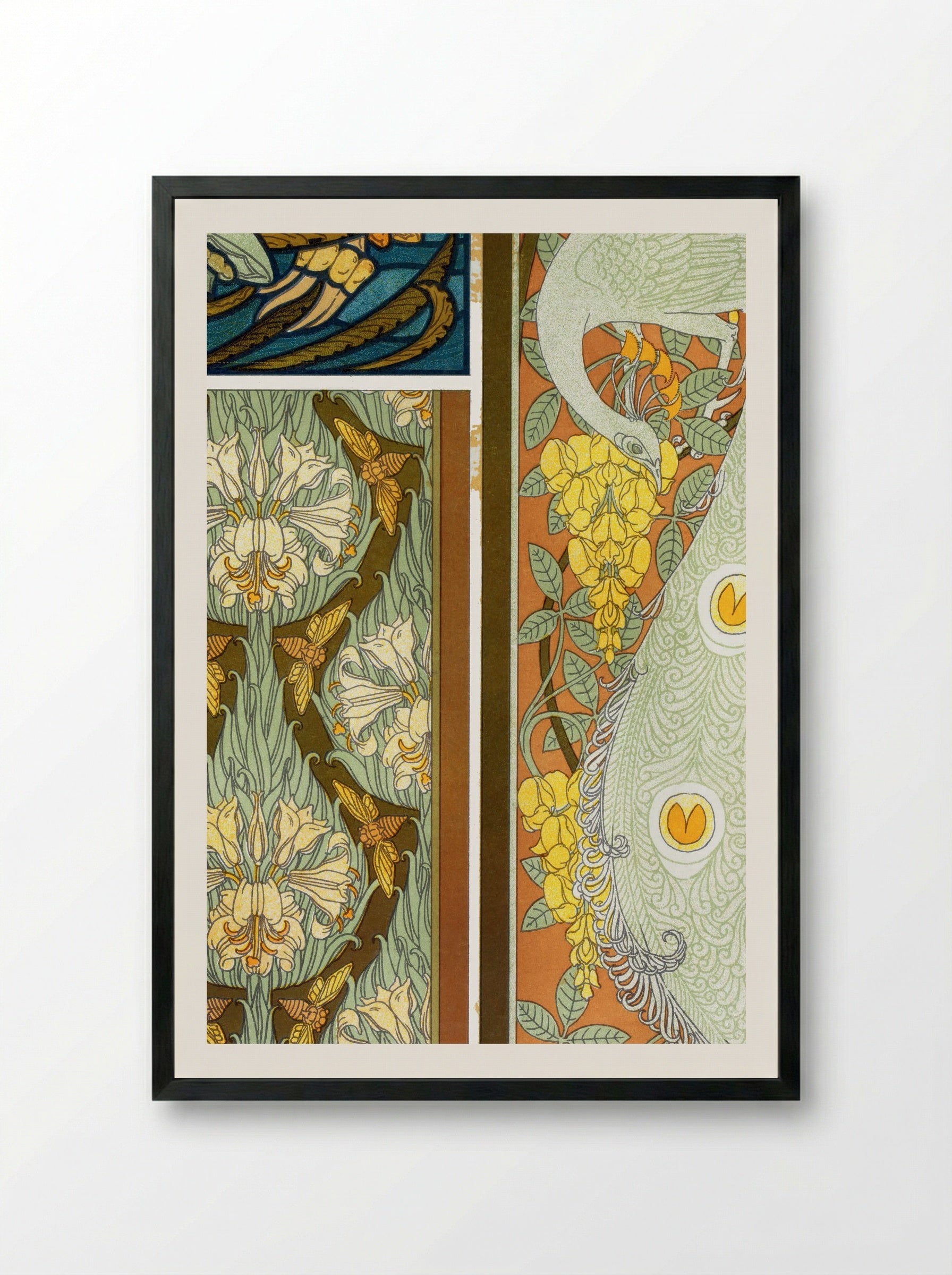 Meduses et Algues, Vitrail. Cigales et Lis, Paons et Cytise, Bordures (Plate 17 from L'animal dans la décoration) - Maurice Pillard Verneuil - Framed Print Black