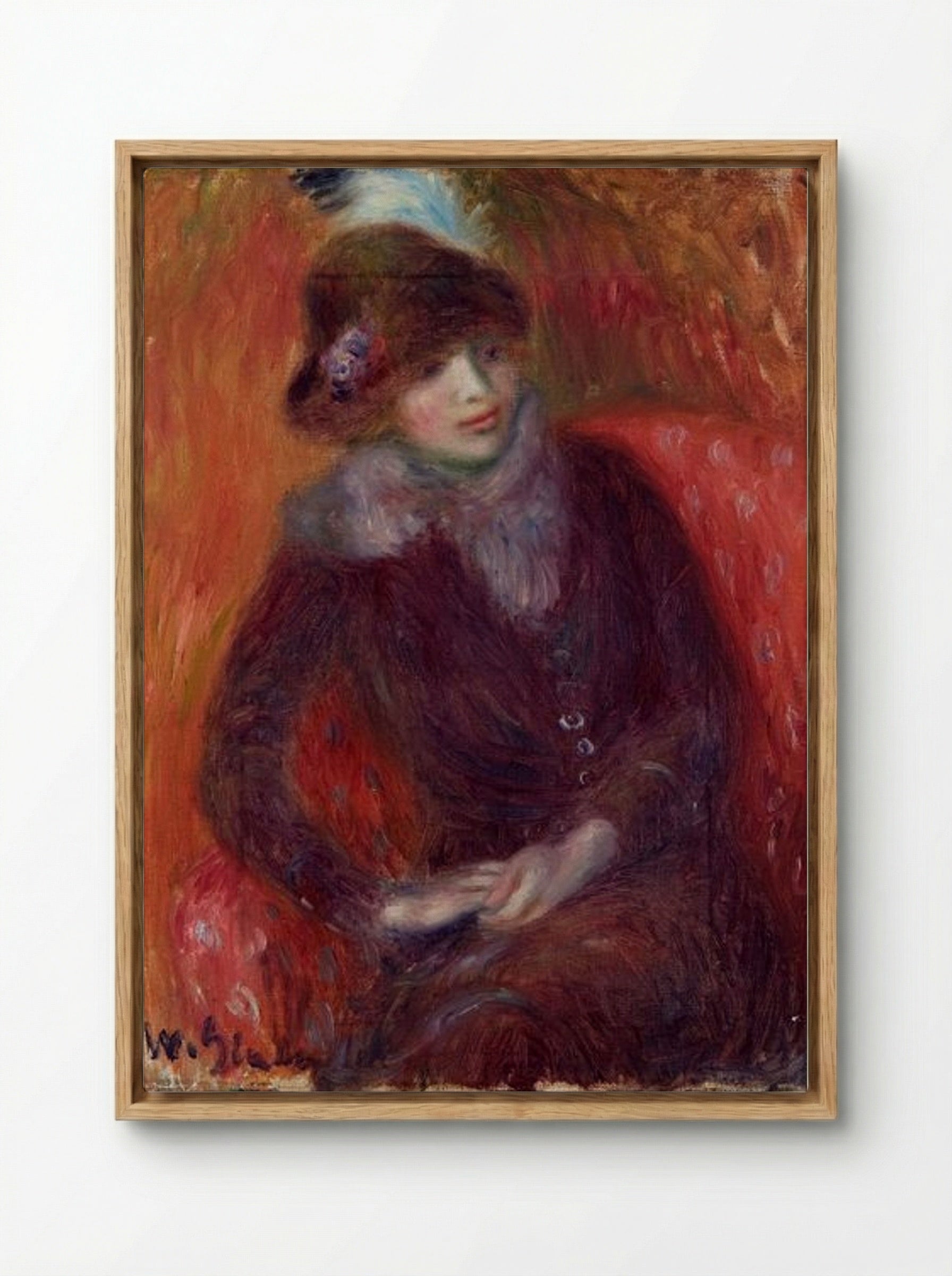 Seated Woman with Fur Neckpiece and Red Background - William James Glackens - Framed Canvas Wood