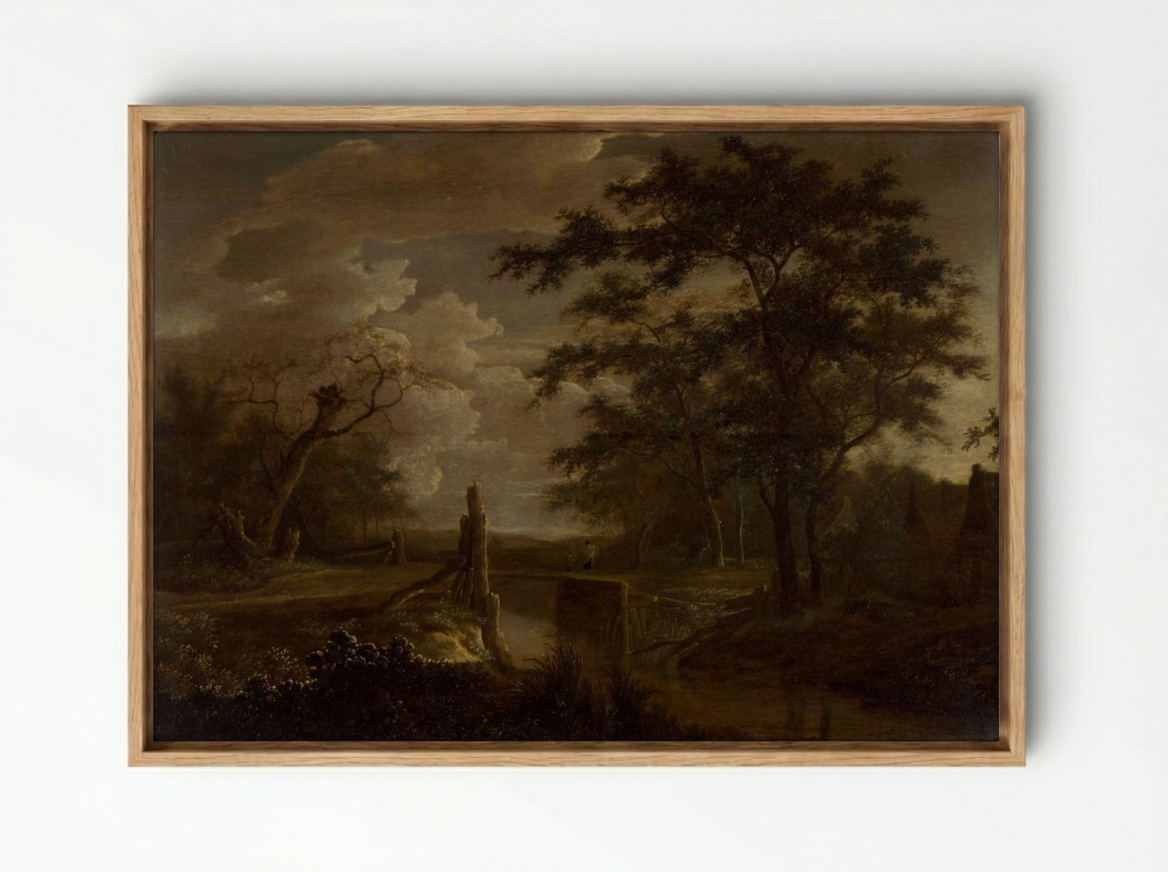 Landscape with River and Bridge - Jacob van Ruisdael - Framed Canvas Wood