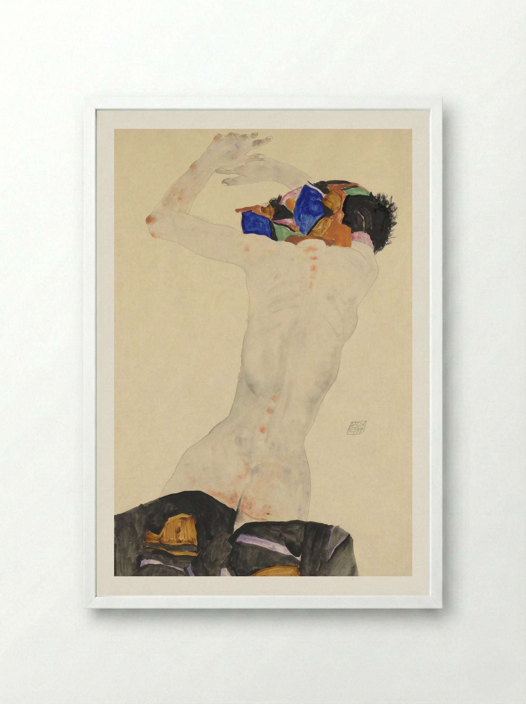 Reclining Nude with Colourful Cloth - Egon Schiele - Framed Print White