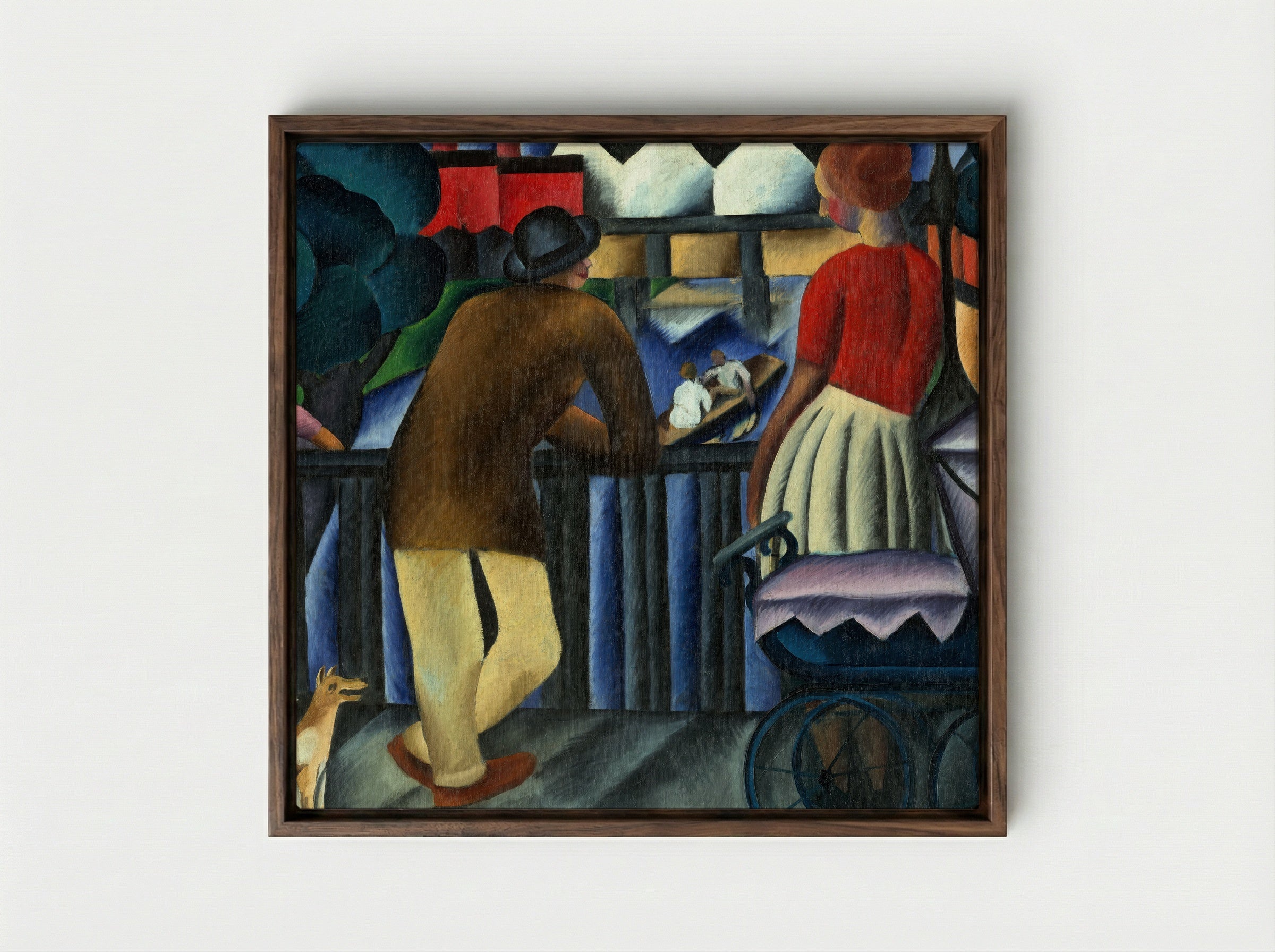 Urban Scene with Figures and Pram - Gejza Schiller - Framed Canvas Dark Wood