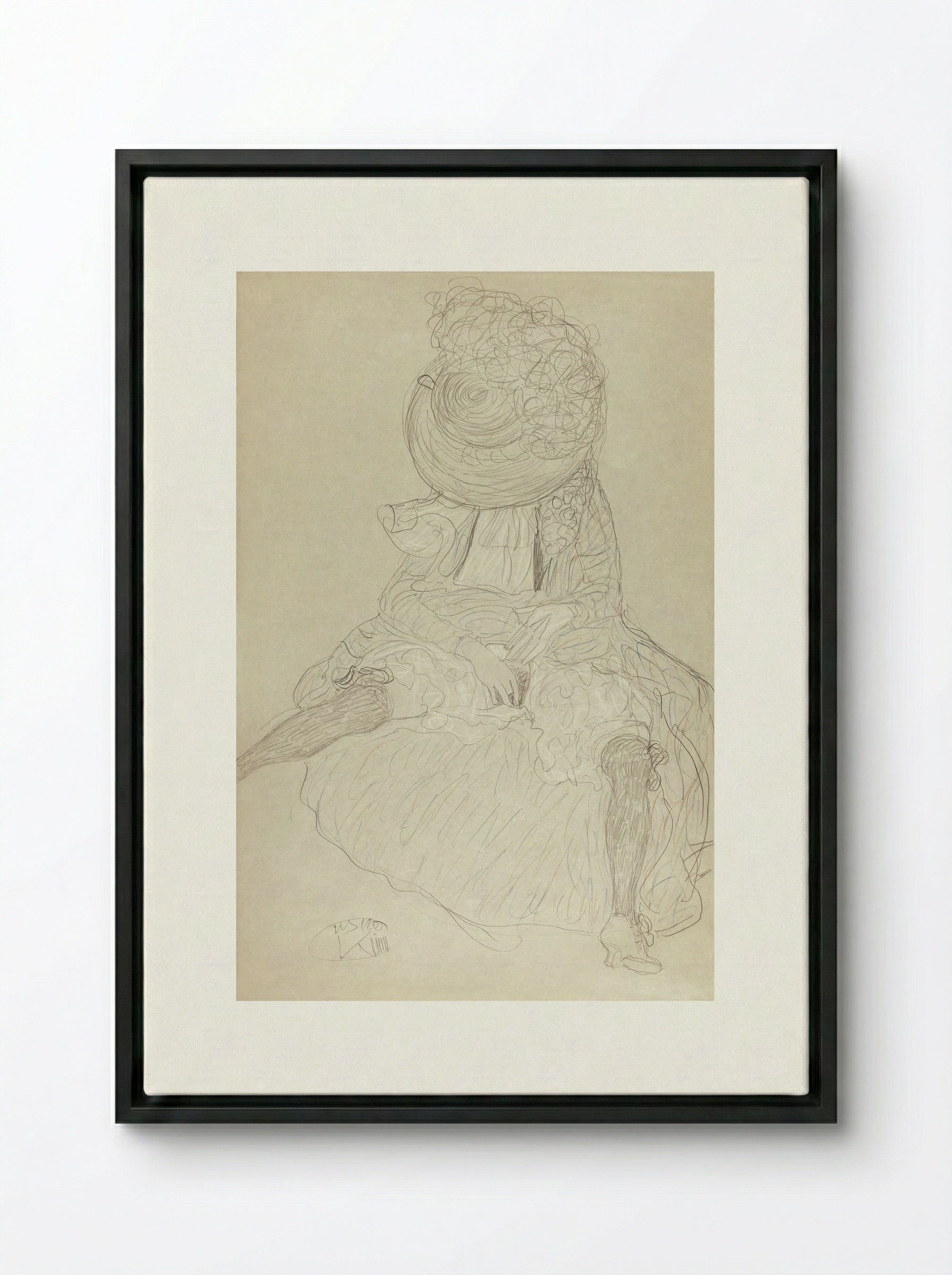 Seated Woman from the Front with Hat, Face Hooded - Gustav Klimt - Framed Canvas Black