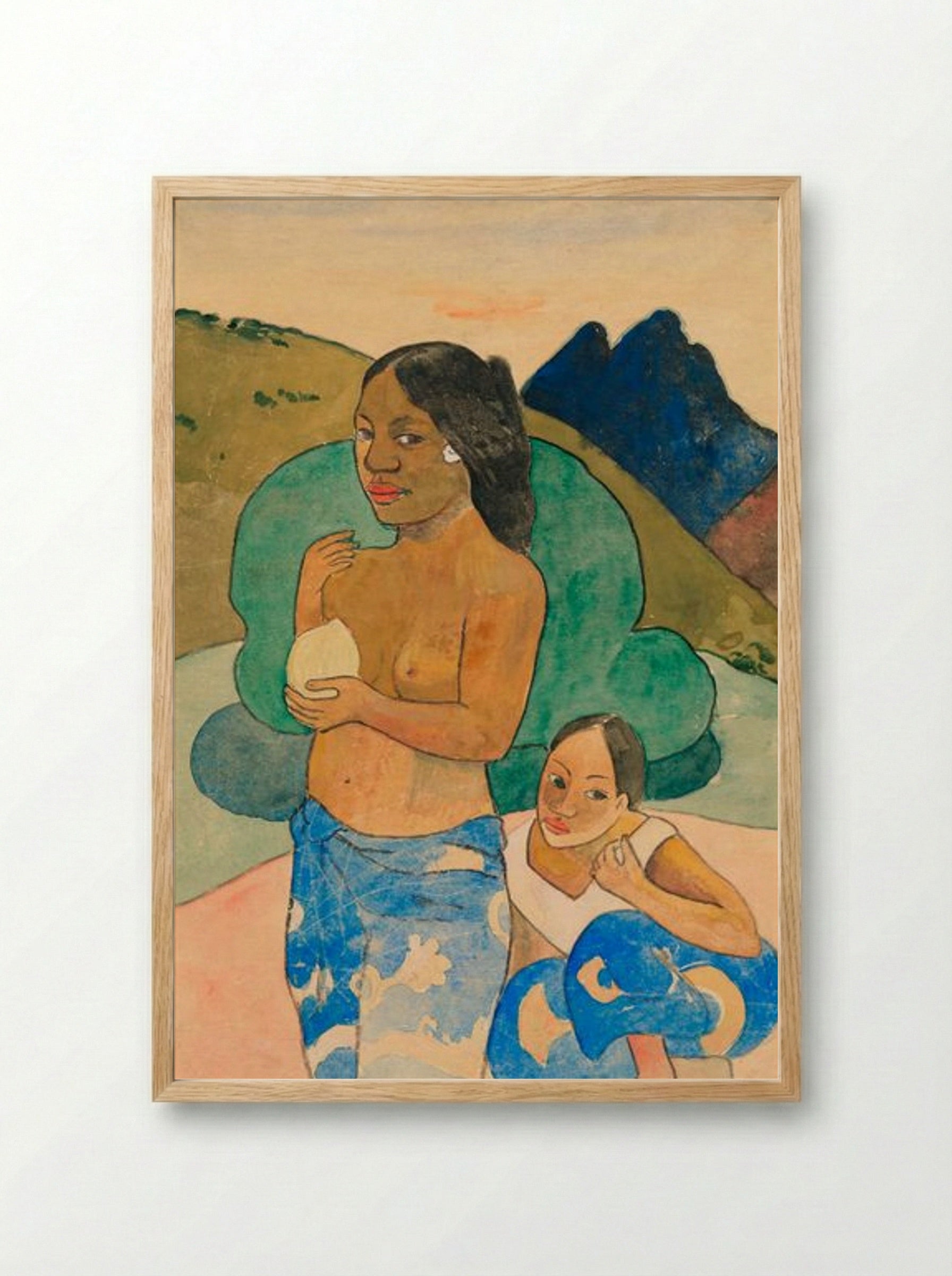 Two Tahitian Women in a Landscape - Paul Gauguin - Framed Print Wood