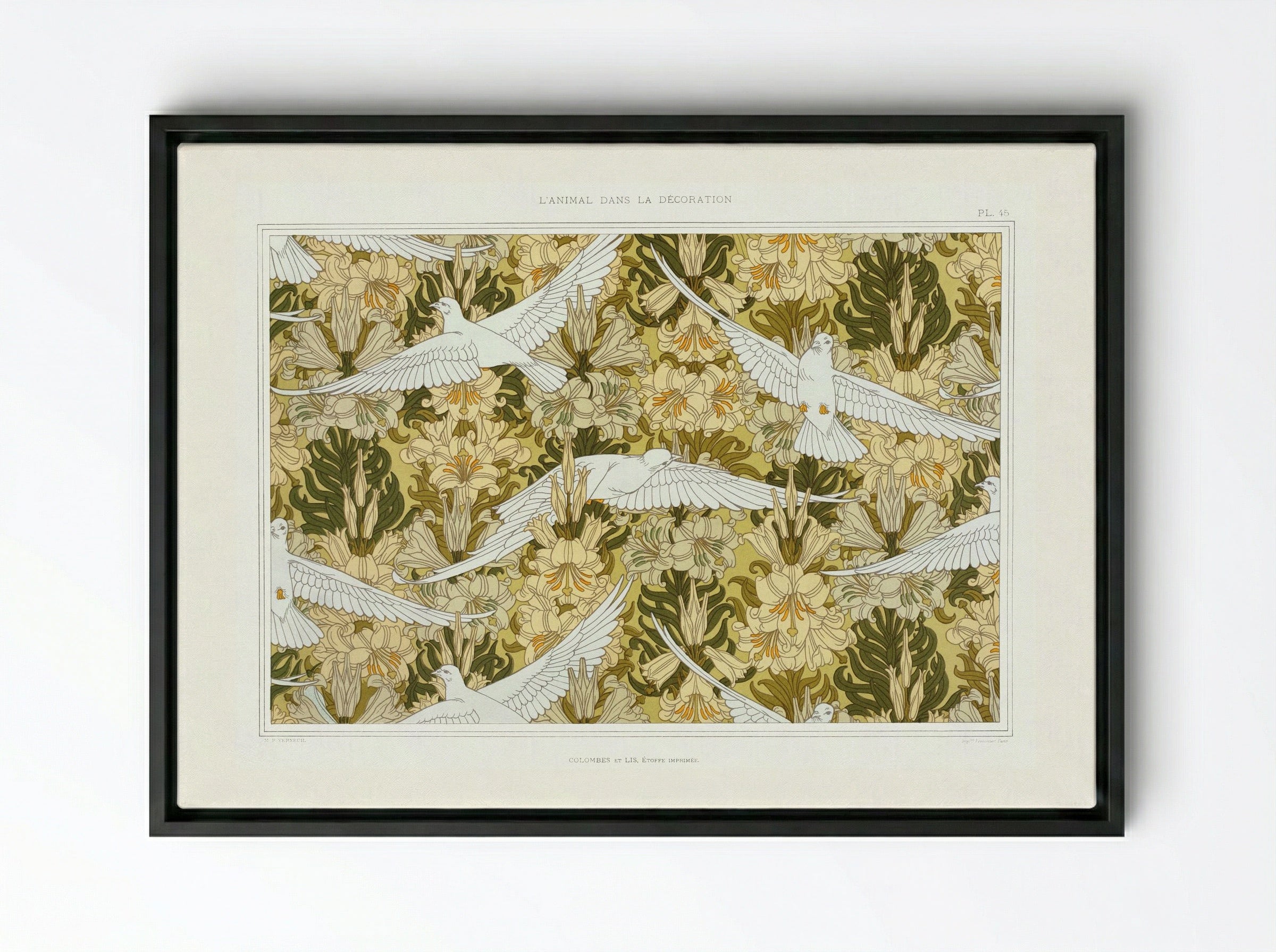 Colombes et Lis, Étoffe Imprimée (Doves and Lilies, Printed Fabric) - Maurice Pillard Verneuil - Framed Canvas Black