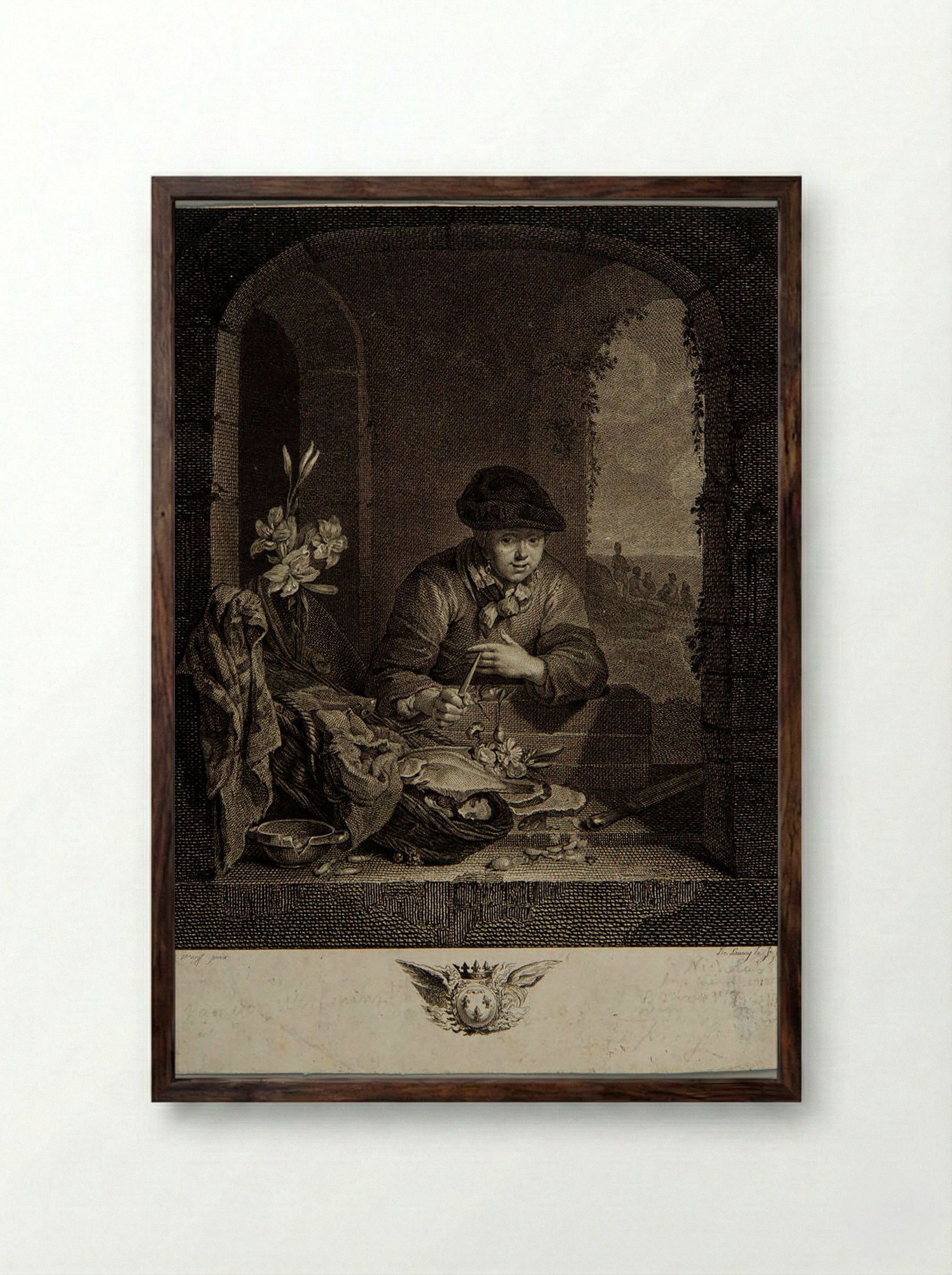 Woman with a Basket of Fish - Jacques-Philippe Le Bas - Framed Print Dark Wood