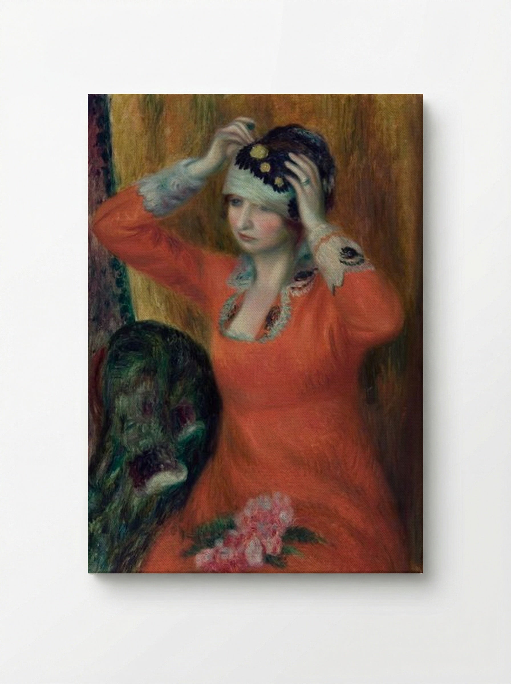 Girl in Red Dress Pinning on Hat - William James Glackens - Canvas