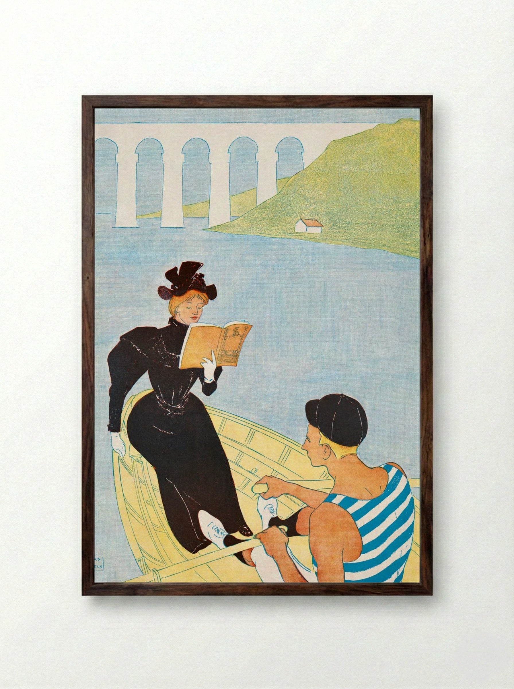 Woman Reading in a Row Boat - Edward Penfield - Framed Print Dark Wood