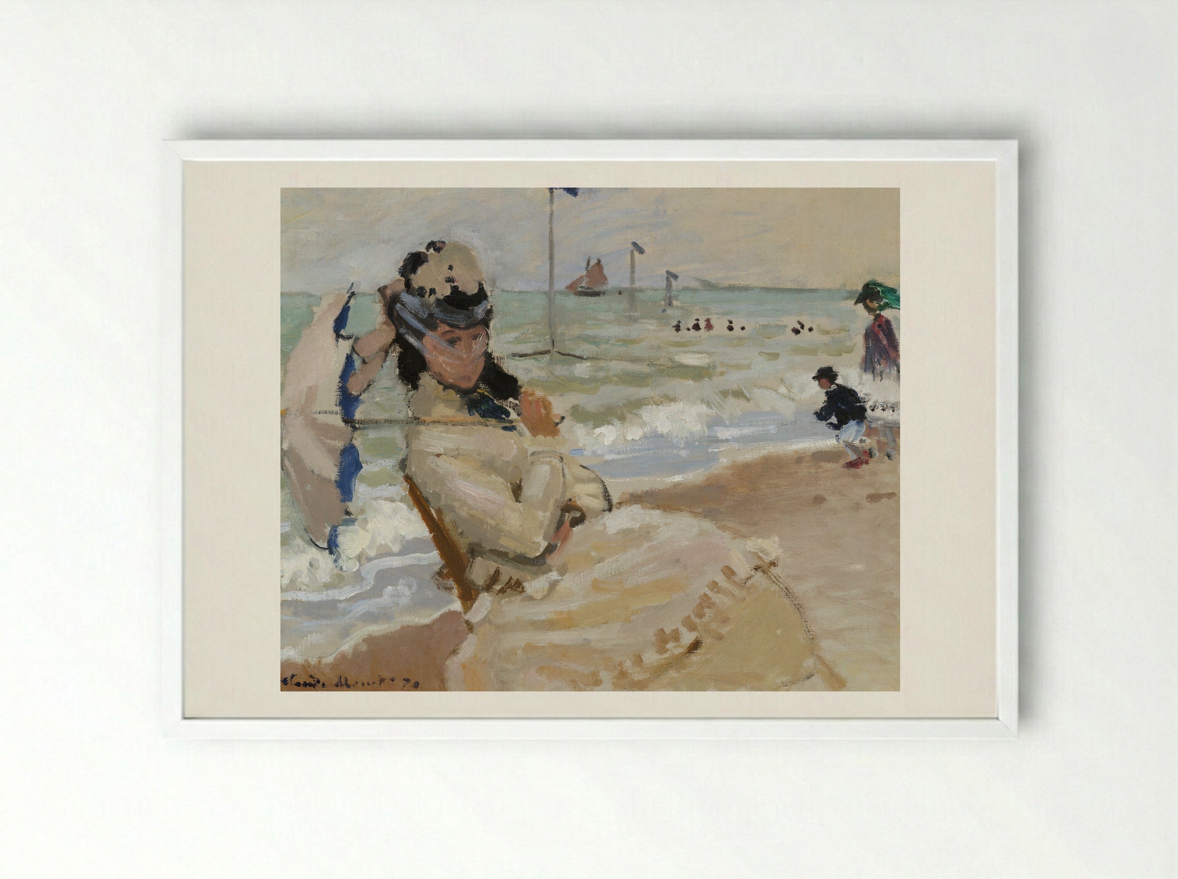 Camille on the Beach in Trouville - Claude Monet - Framed Print White
