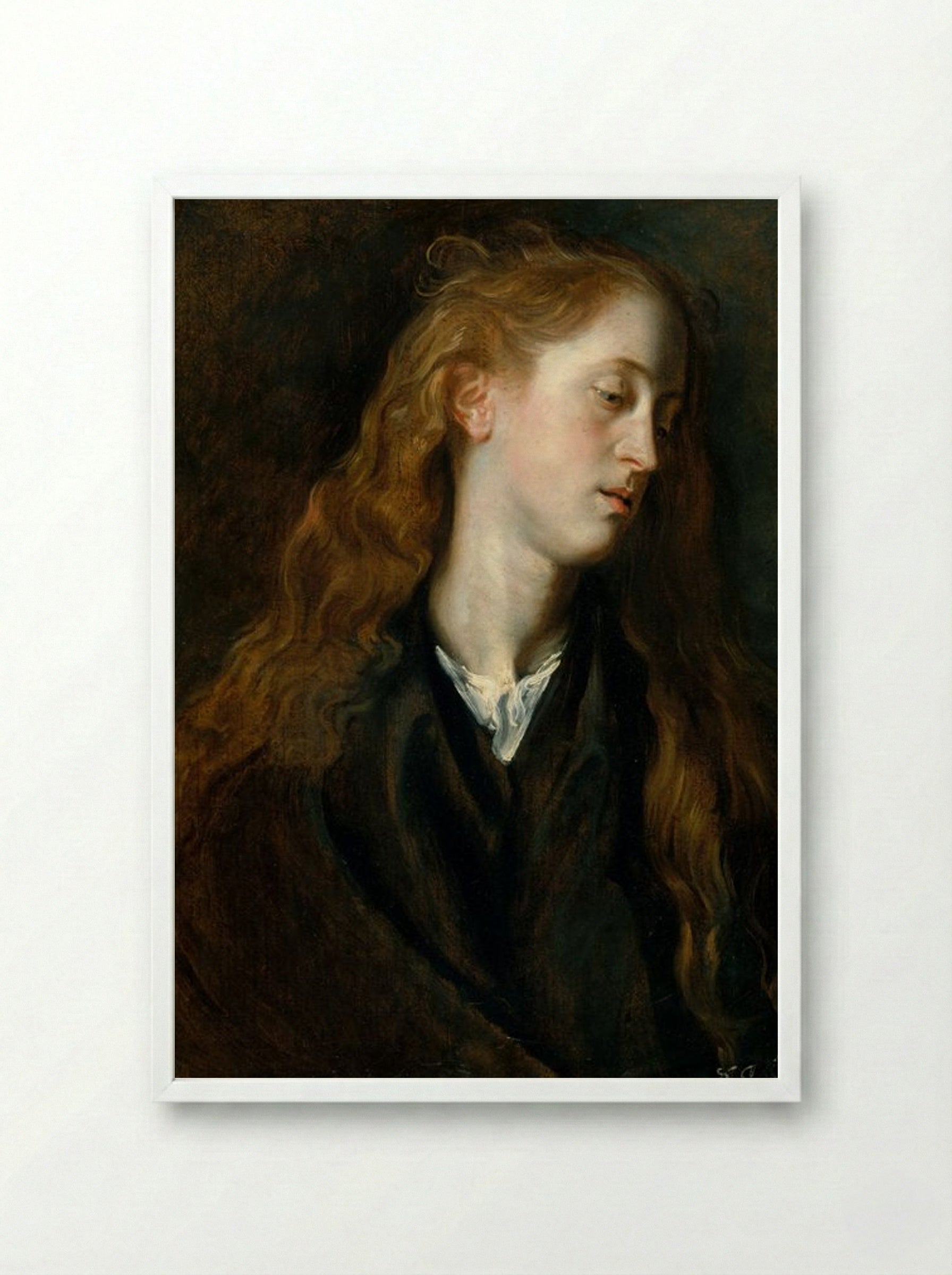 Study, Head of a Young Woman - Anthony van Dyck - Framed Print White