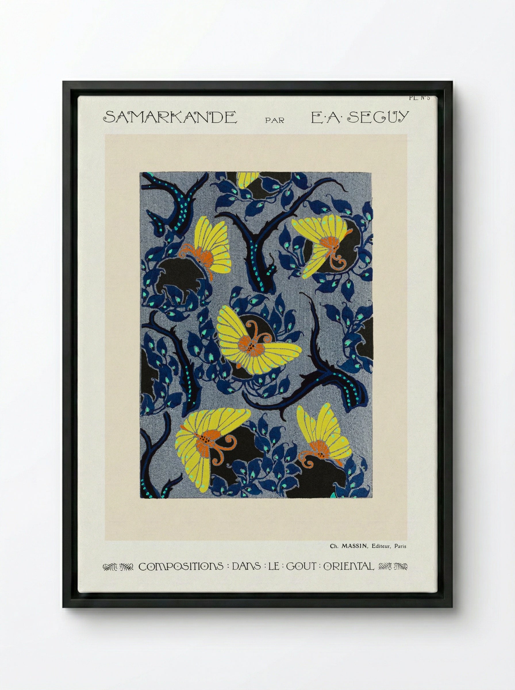 Samarkande, Plate No. 5 (Butterflies and Branches) - E. A. Séguy - Framed Canvas Black