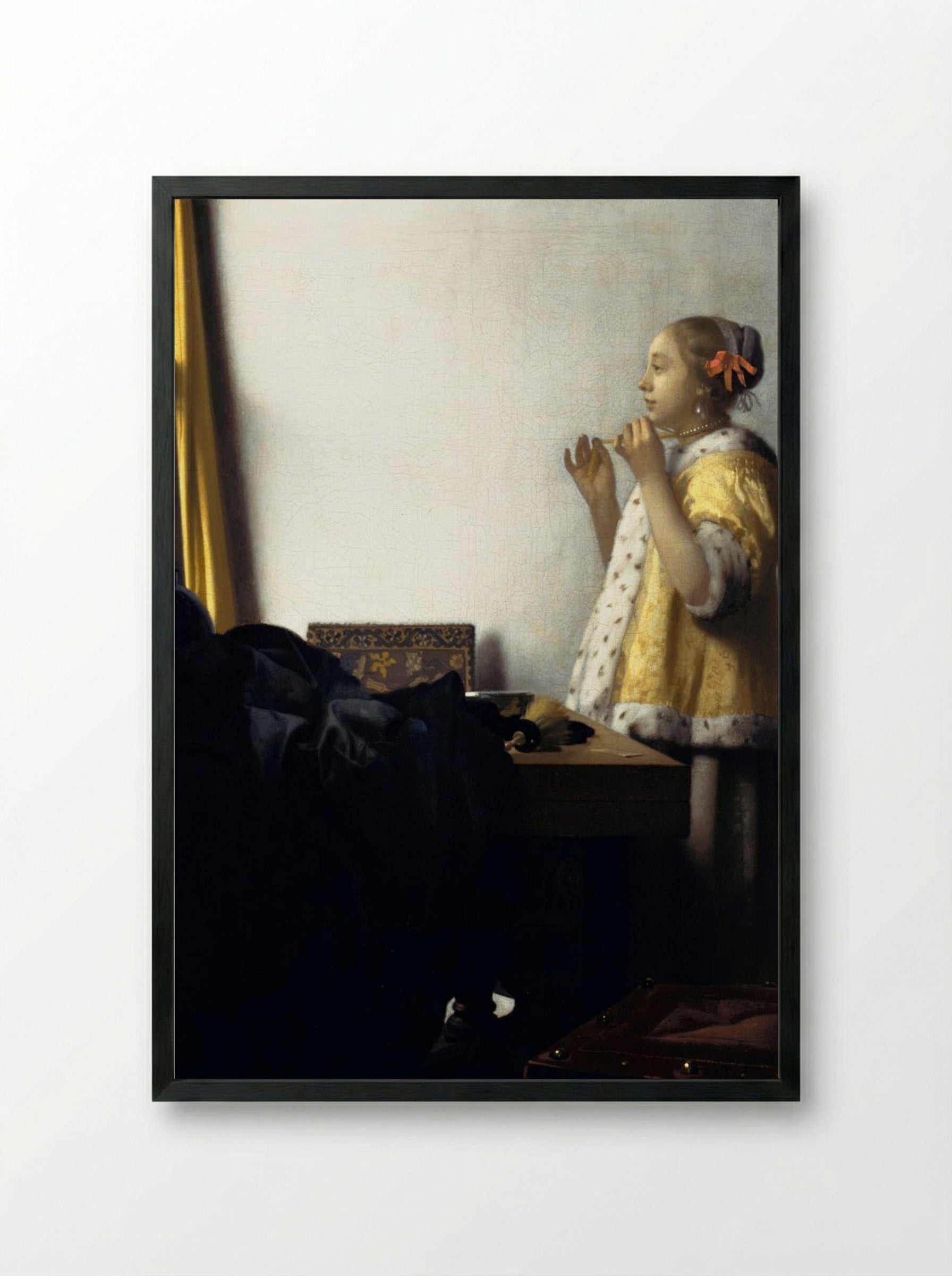 Young Woman with a Pearl Necklace - Johannes Vermeer - Framed Print Black