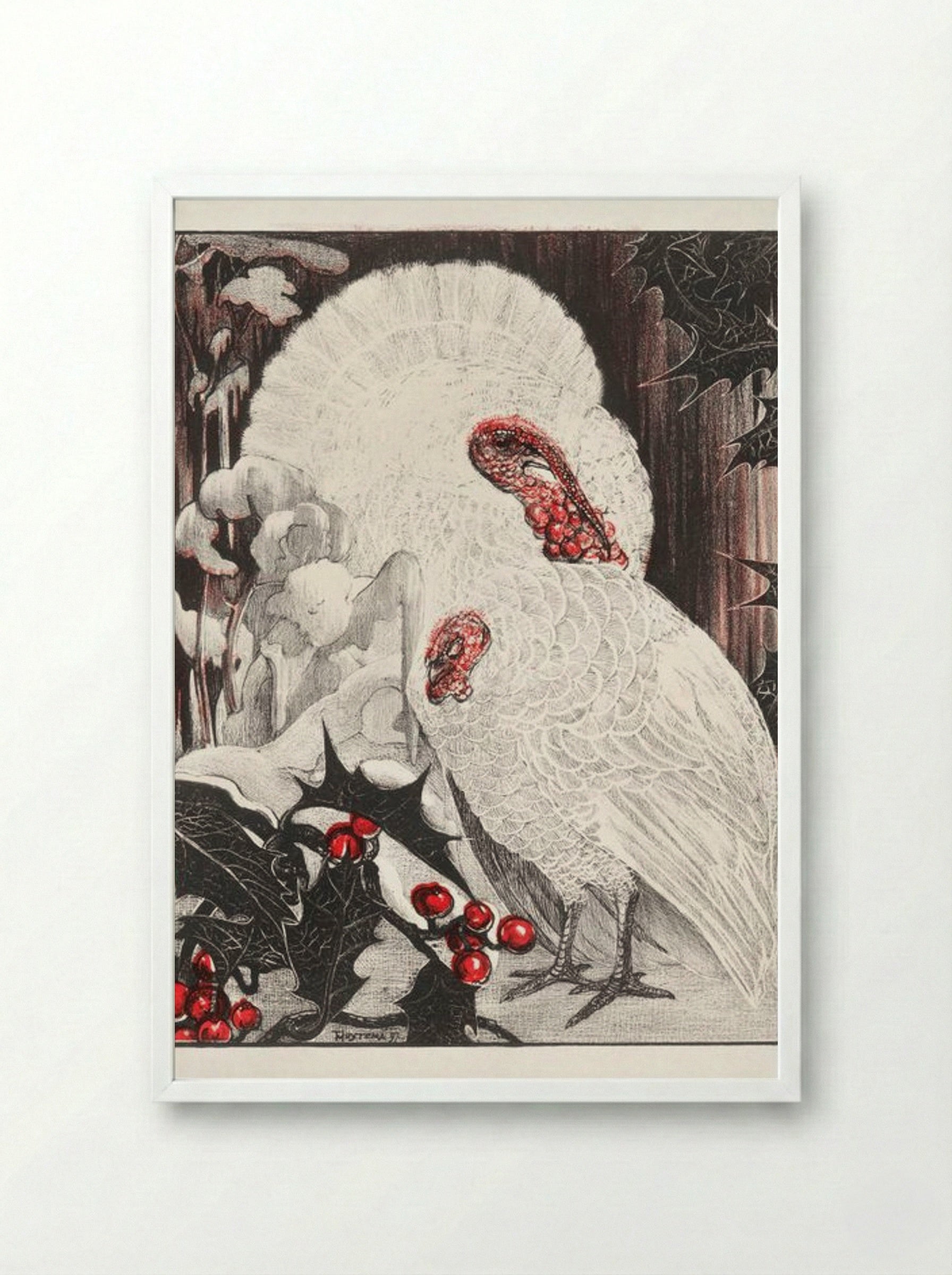 Two White Turkeys with Holly Branches in the Snow - Theo van Hoytema - Framed Print White