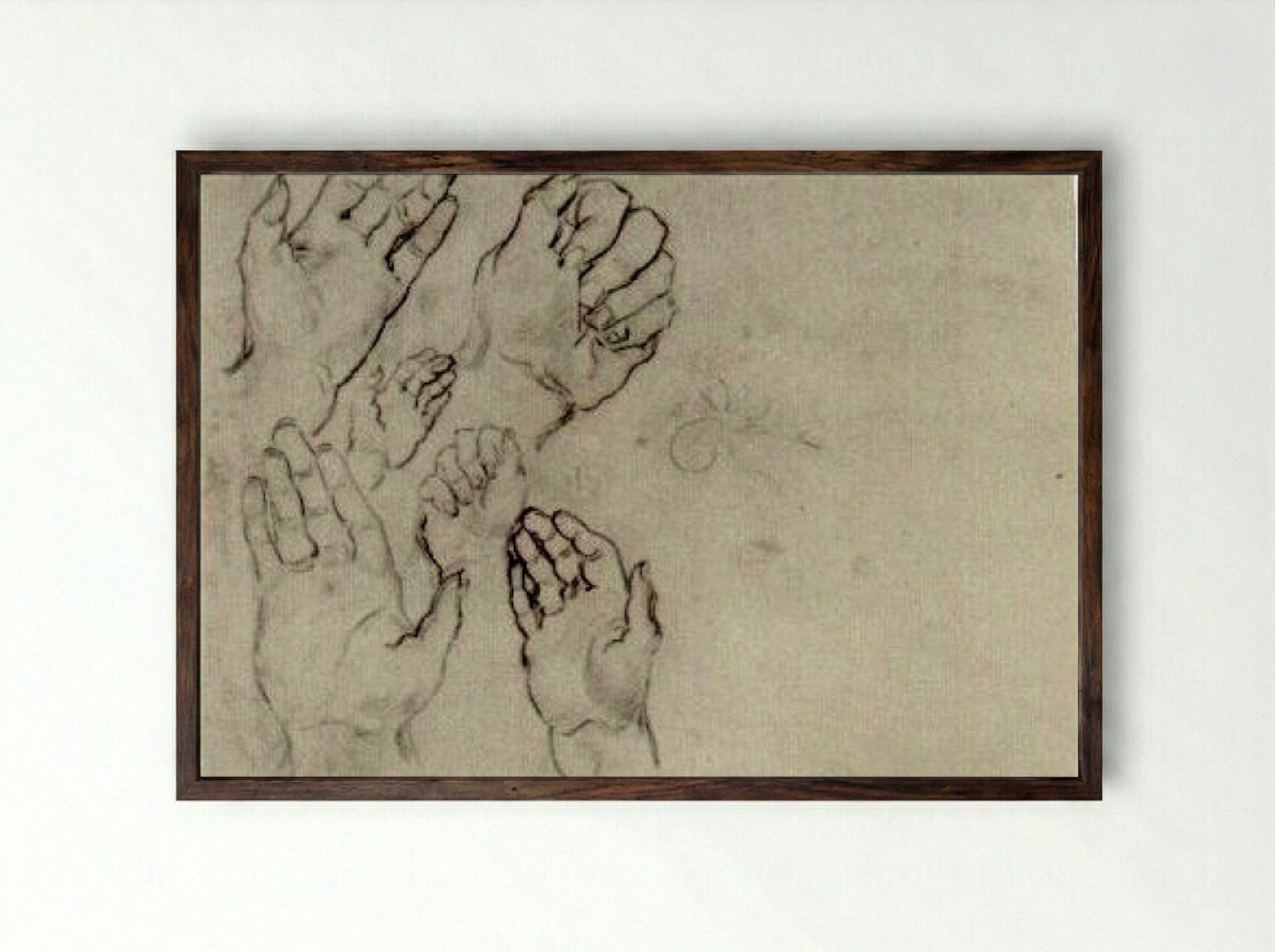 Study of Hands (Anatomical Sketch) - Fine Art Print - Framed Print Dark Wood