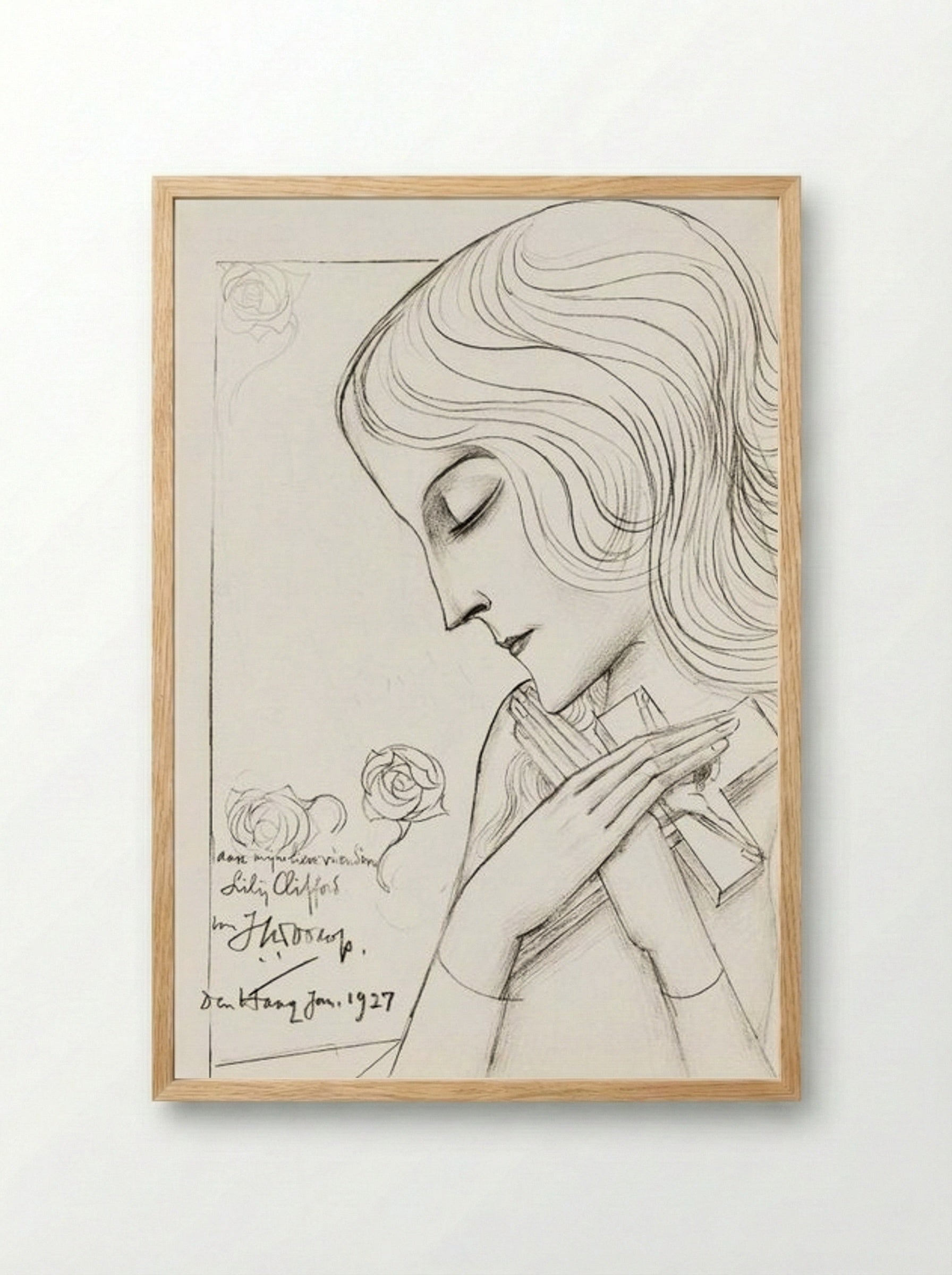 Young Girl Holding a Cross in Meditation - Jan Toorop - Framed Print Wood