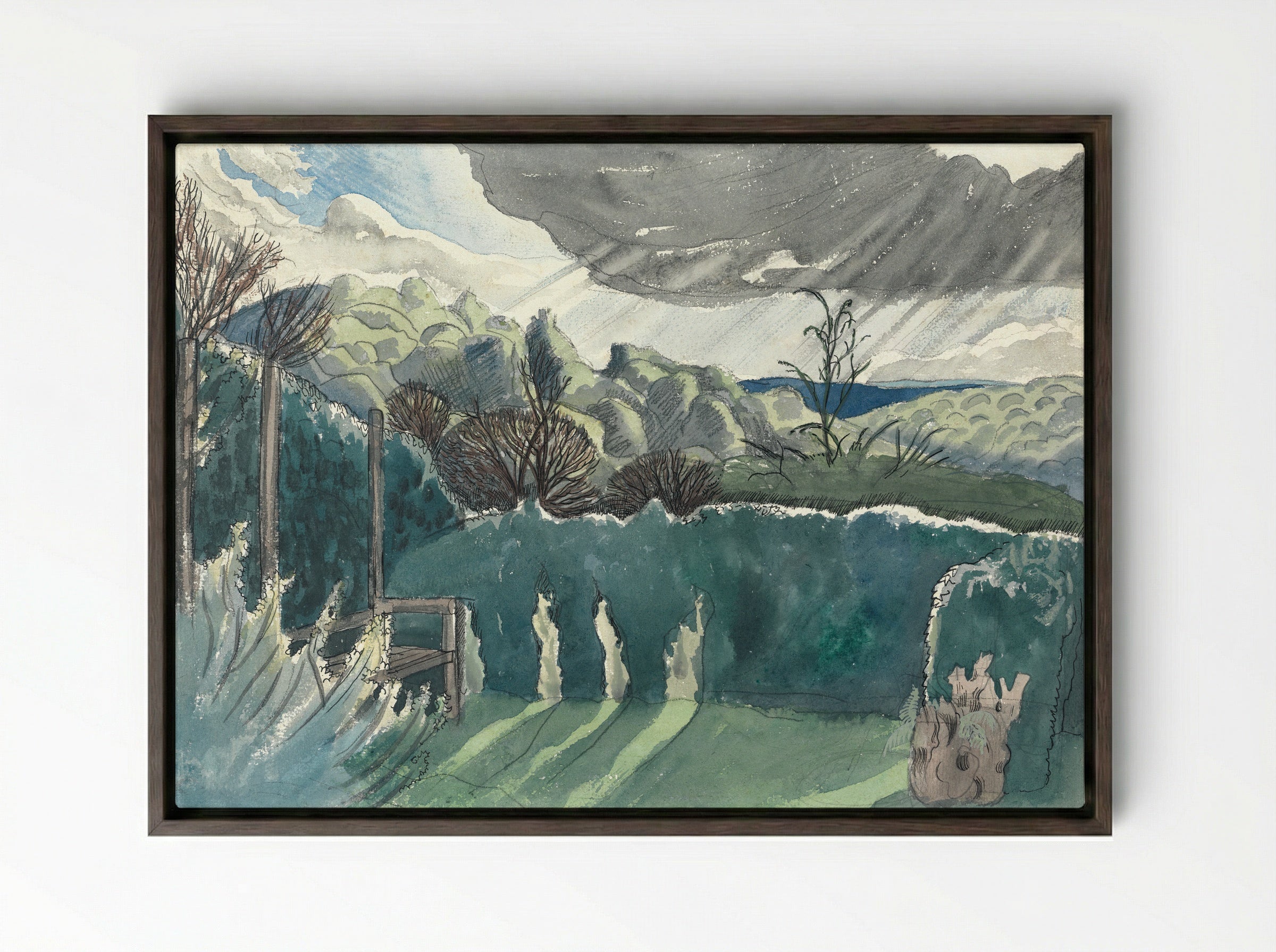 Landscape with Hedge and Distant Hills - Paul Nash - Framed Canvas Dark Wood