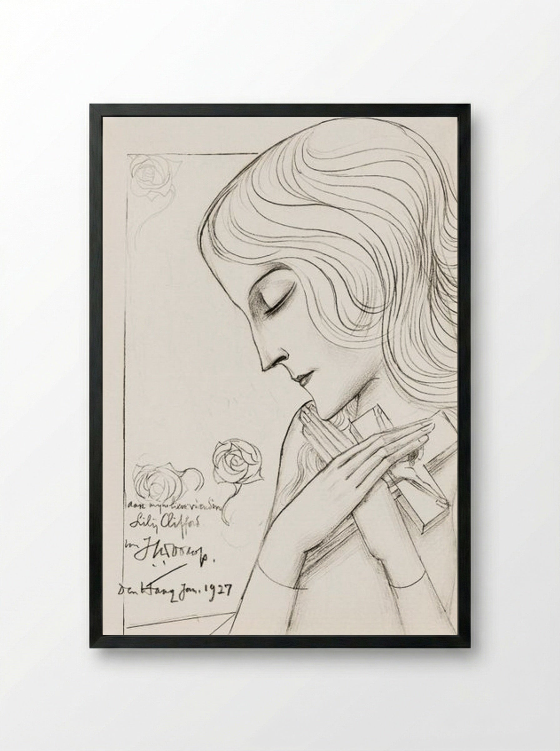 Young Girl Holding a Cross in Meditation - Jan Toorop - Framed Print Black