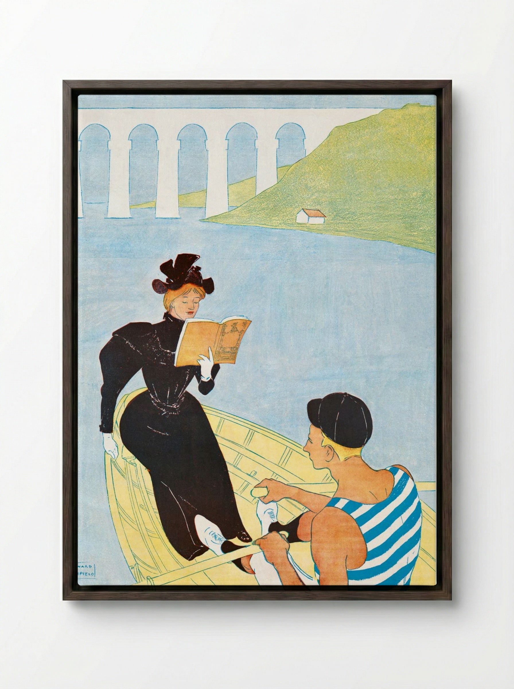 Woman Reading in a Row Boat - Edward Penfield - Framed Canvas Dark Wood