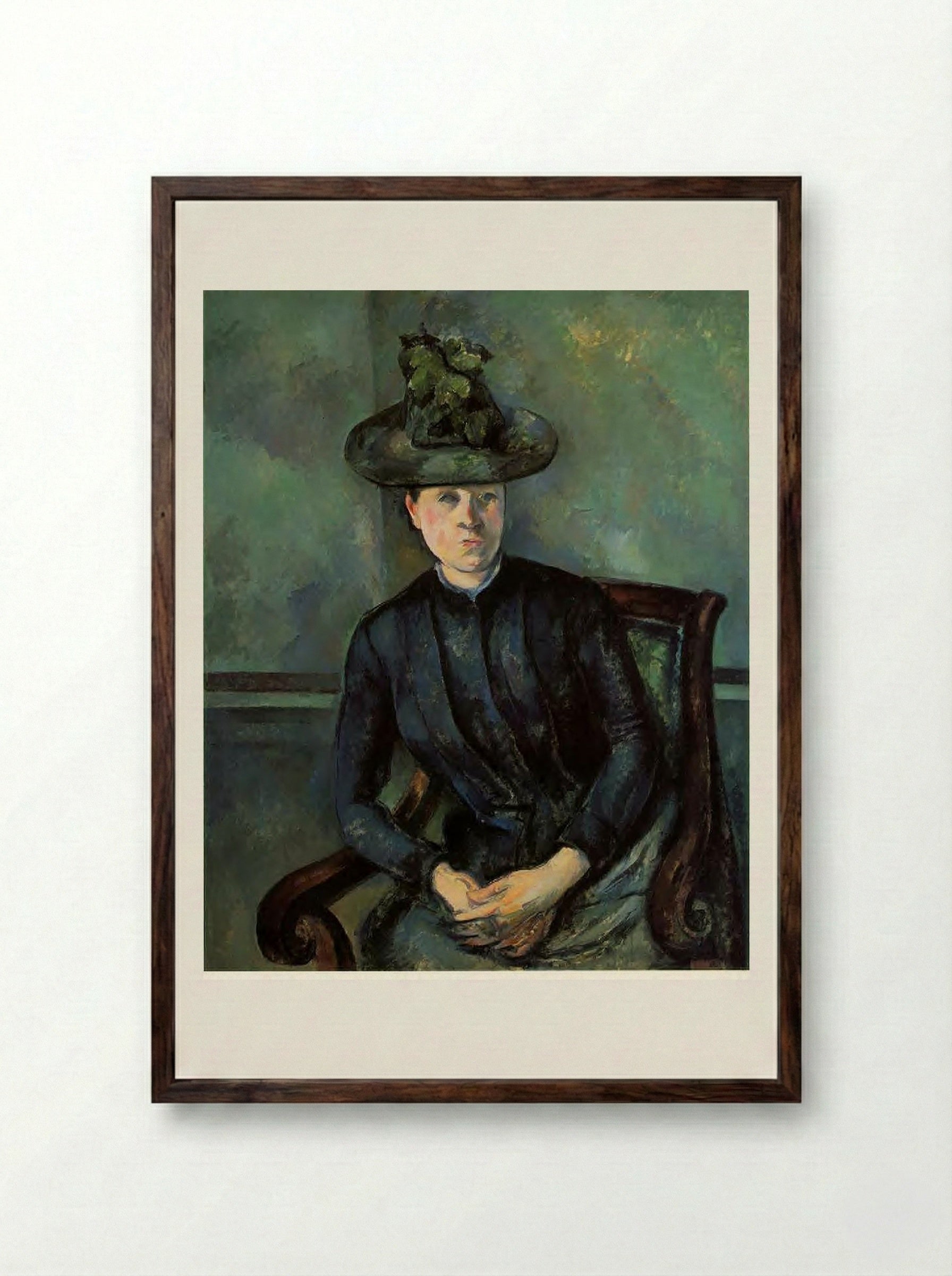 Woman in a Green Hat (Madame Cézanne) - Paul Cézanne - Framed Print Dark Wood