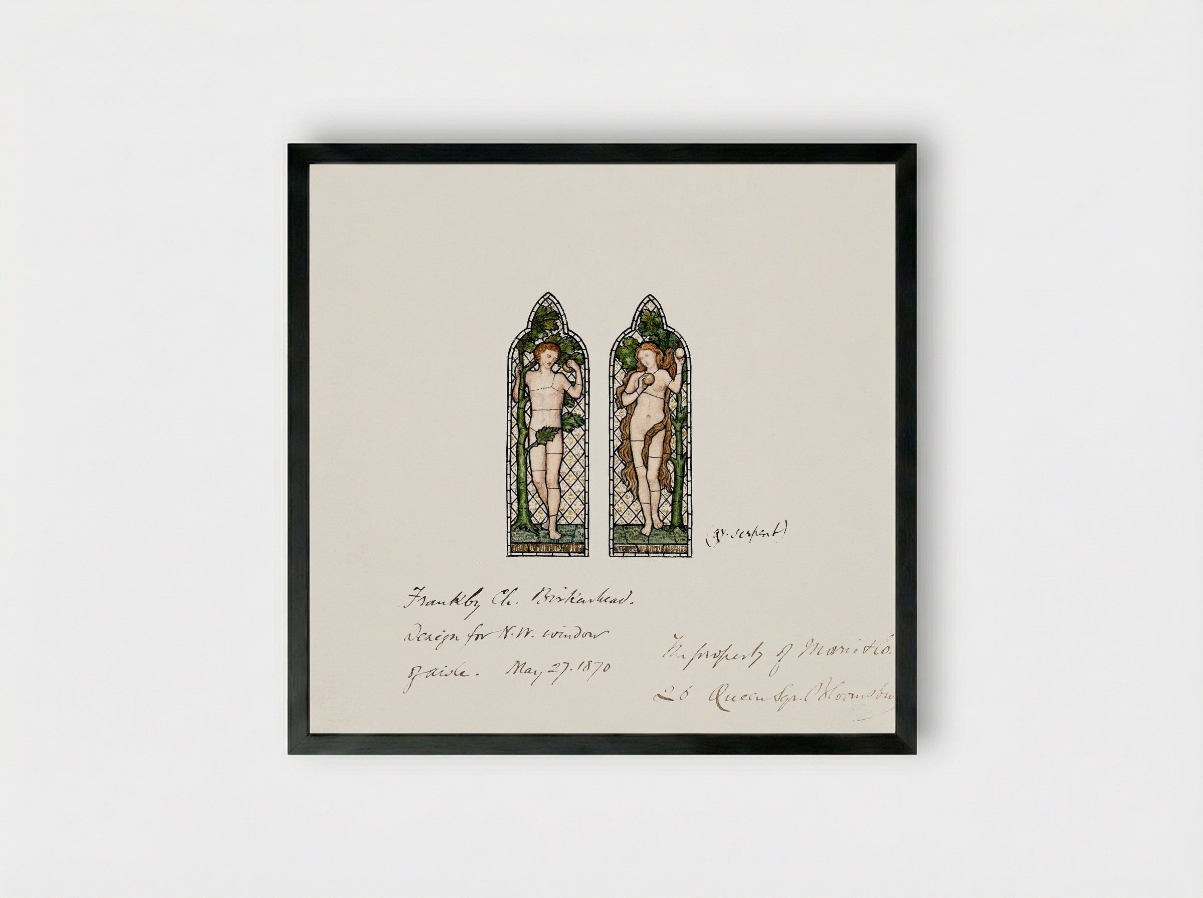 Design for Stained Glass Window: Adam and Eve - Fine Art Print - Framed Print Black