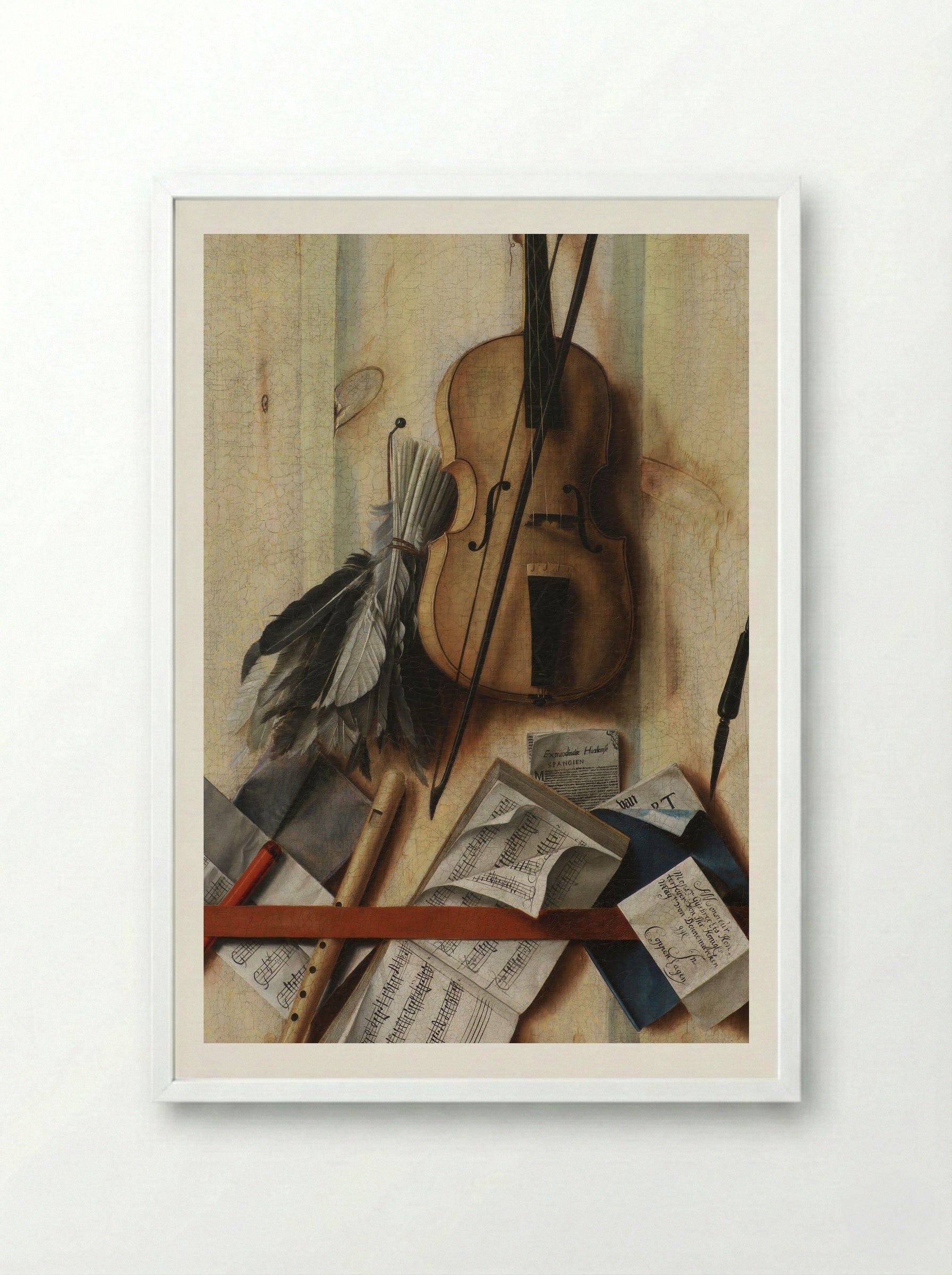 Trompe l'oeil with violin, sheet music and recorder - Cornelis Norbertus Gysbrechts - Framed Print White