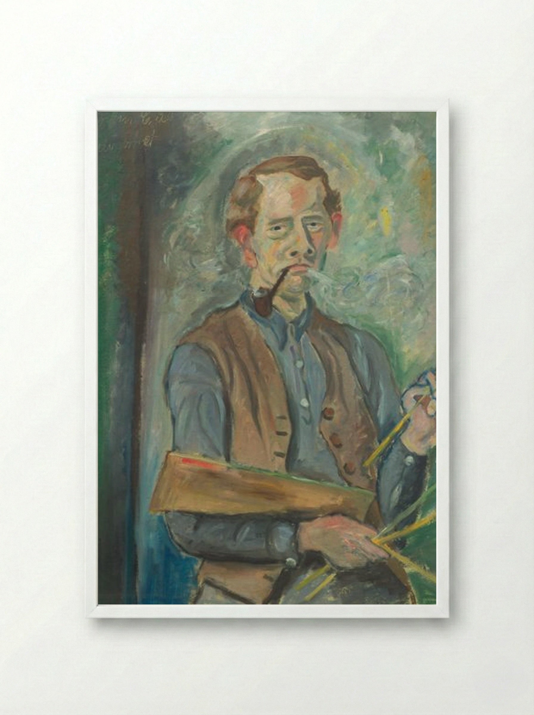 Self-Portrait with Pipe and Palette - John Christensen - Framed Print White