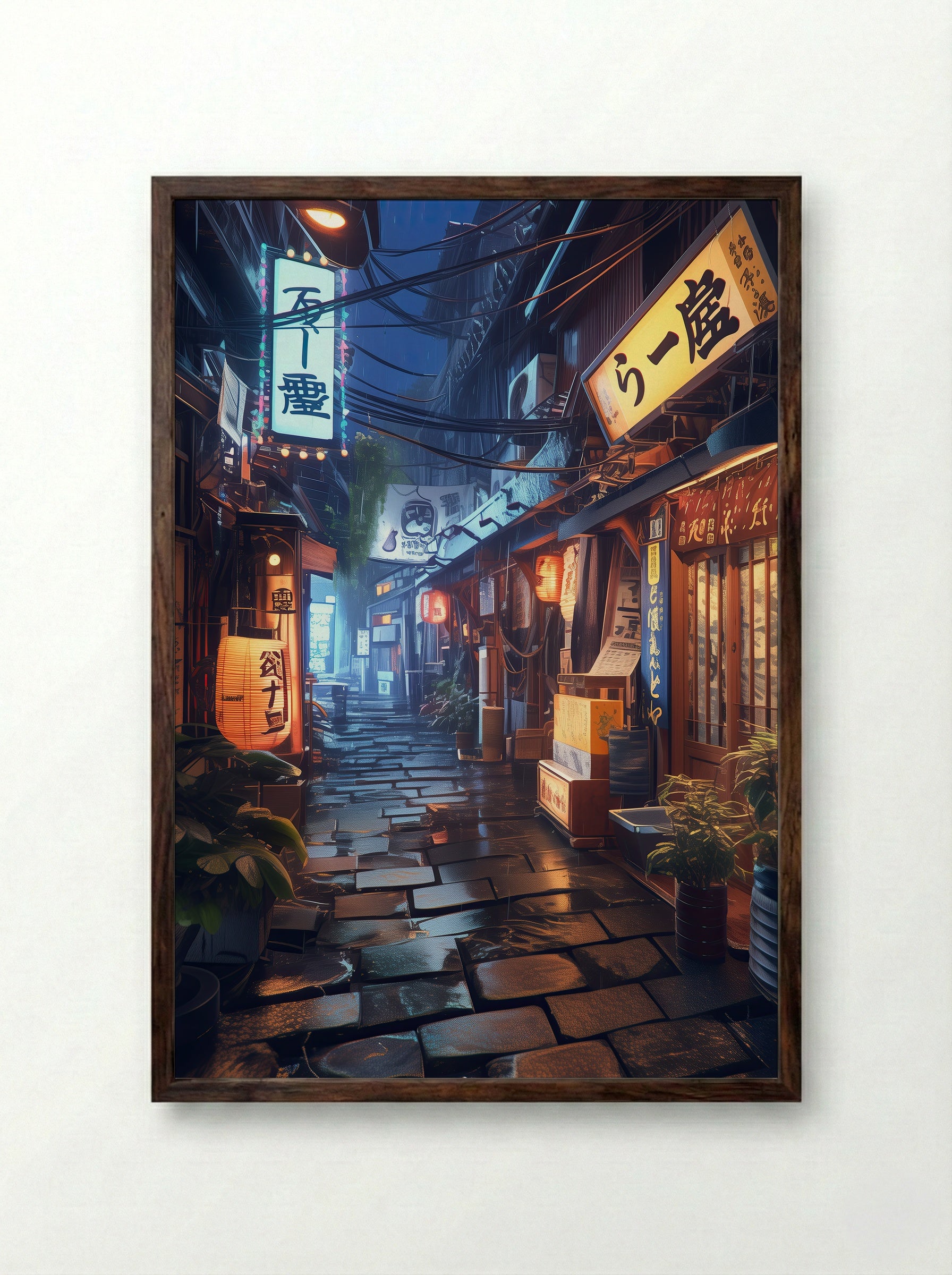 Rainfall in Tokyo’s Lantern Alley - Framed Print Dark Wood
