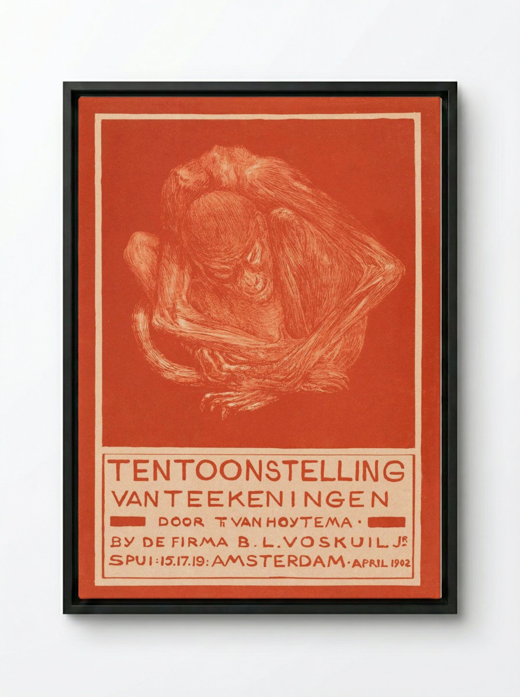 Reclamekaart met ineengedoken aap (Advertising Card with Crouching Ape) - Theo van Hoytema - Framed Canvas Black