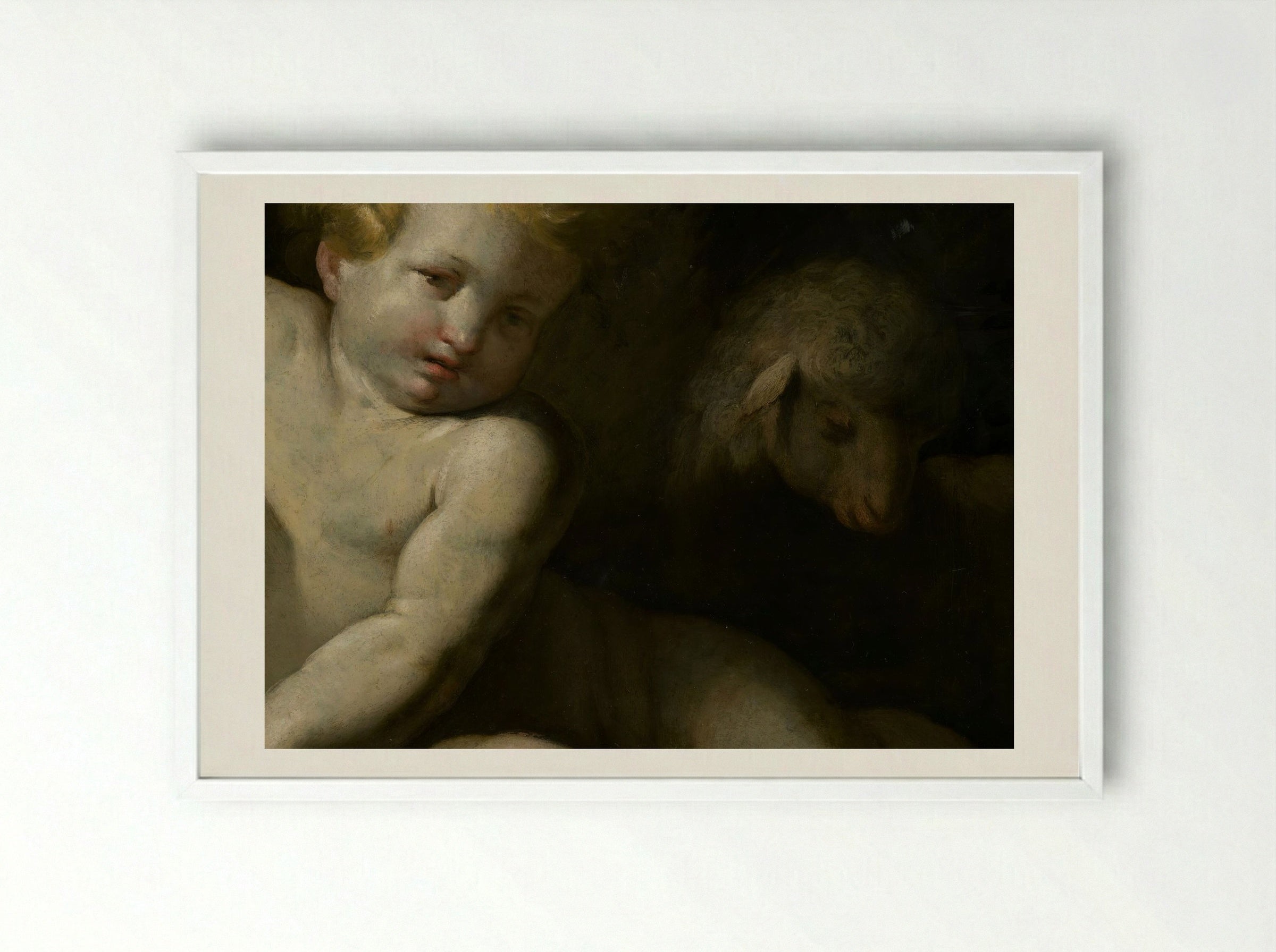 Ecce Agnus Dei (Infant Saint John the Baptist with Lamb) - Bartolomé Esteban Murillo - Framed Print White