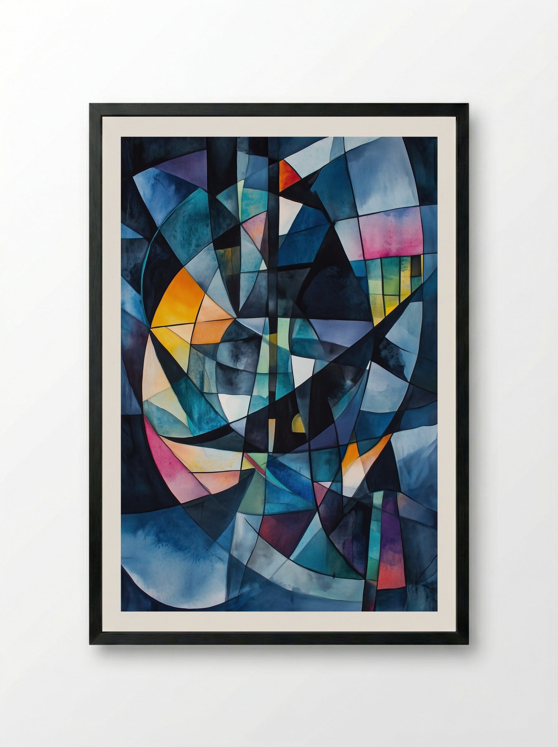 Cathedral Light – Abstract Geometric Stained Glass Composition - Framed Print Black